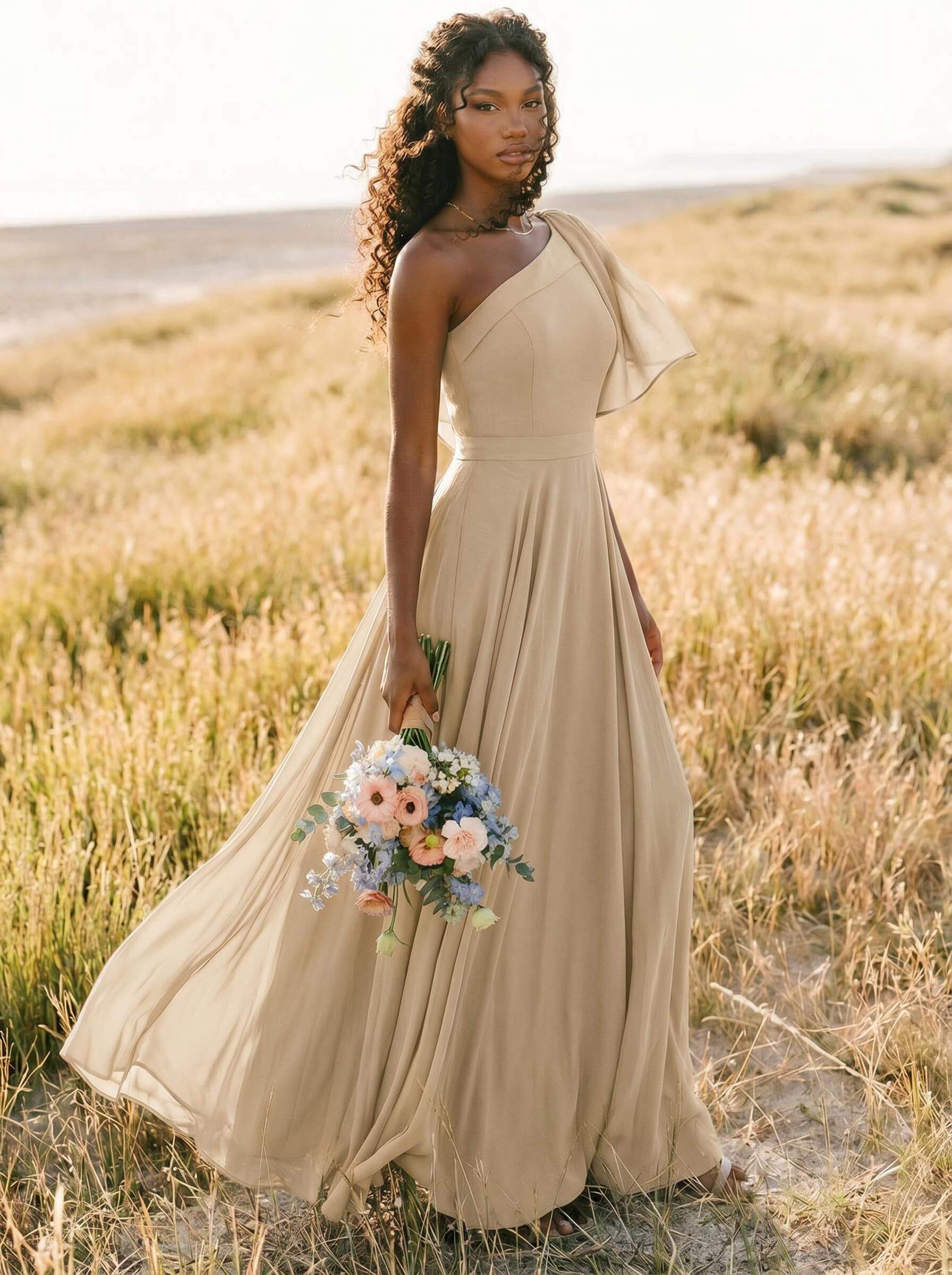 A-Line One-Shoulder Sleeveless Floor-Length Chiffon Bridesmaid Dresses With Bow(s)/Pockets, product image 234