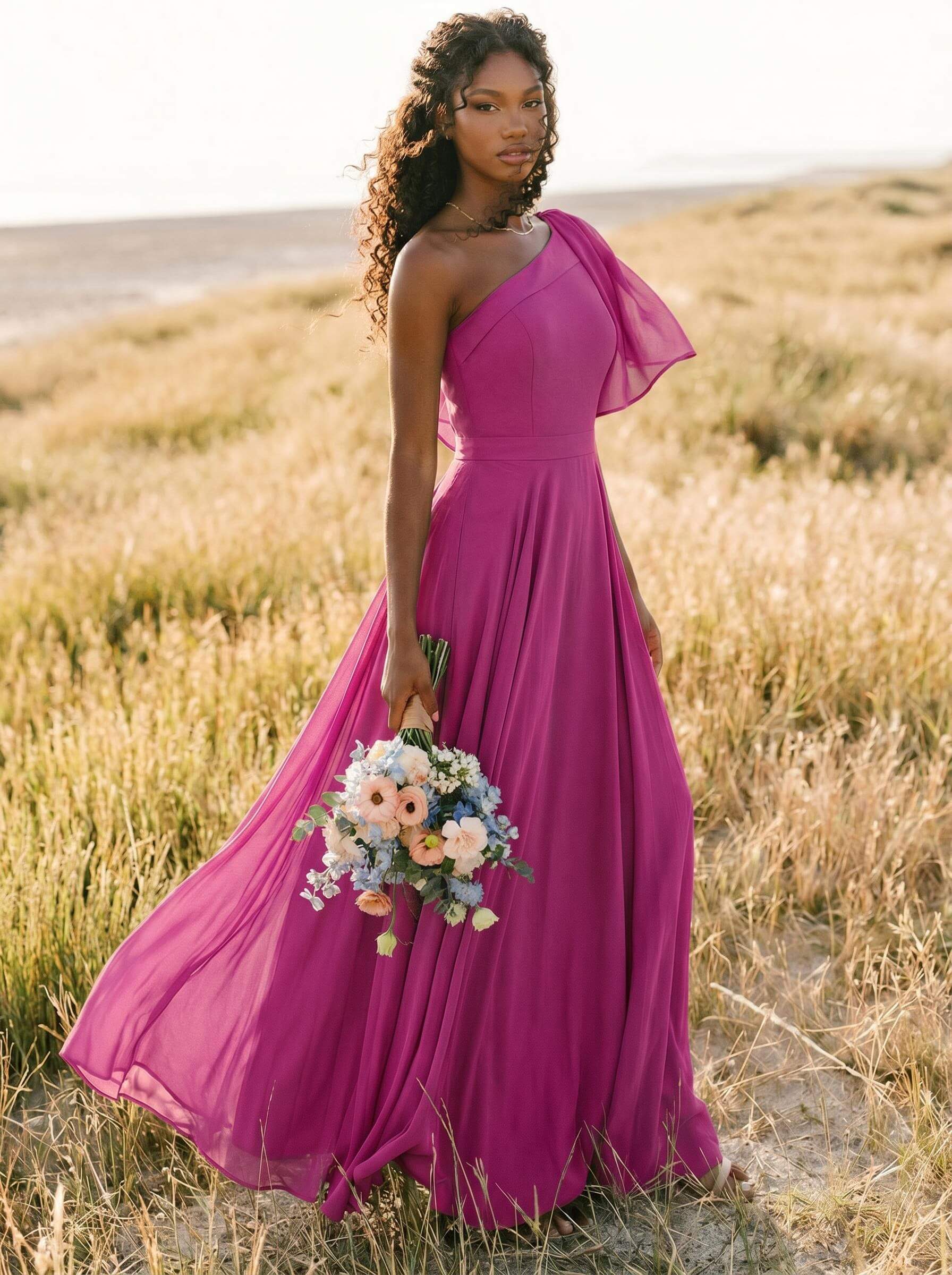 A-Line One-Shoulder Sleeveless Floor-Length Chiffon Bridesmaid Dresses With Bow(s)/Pockets, product image 214