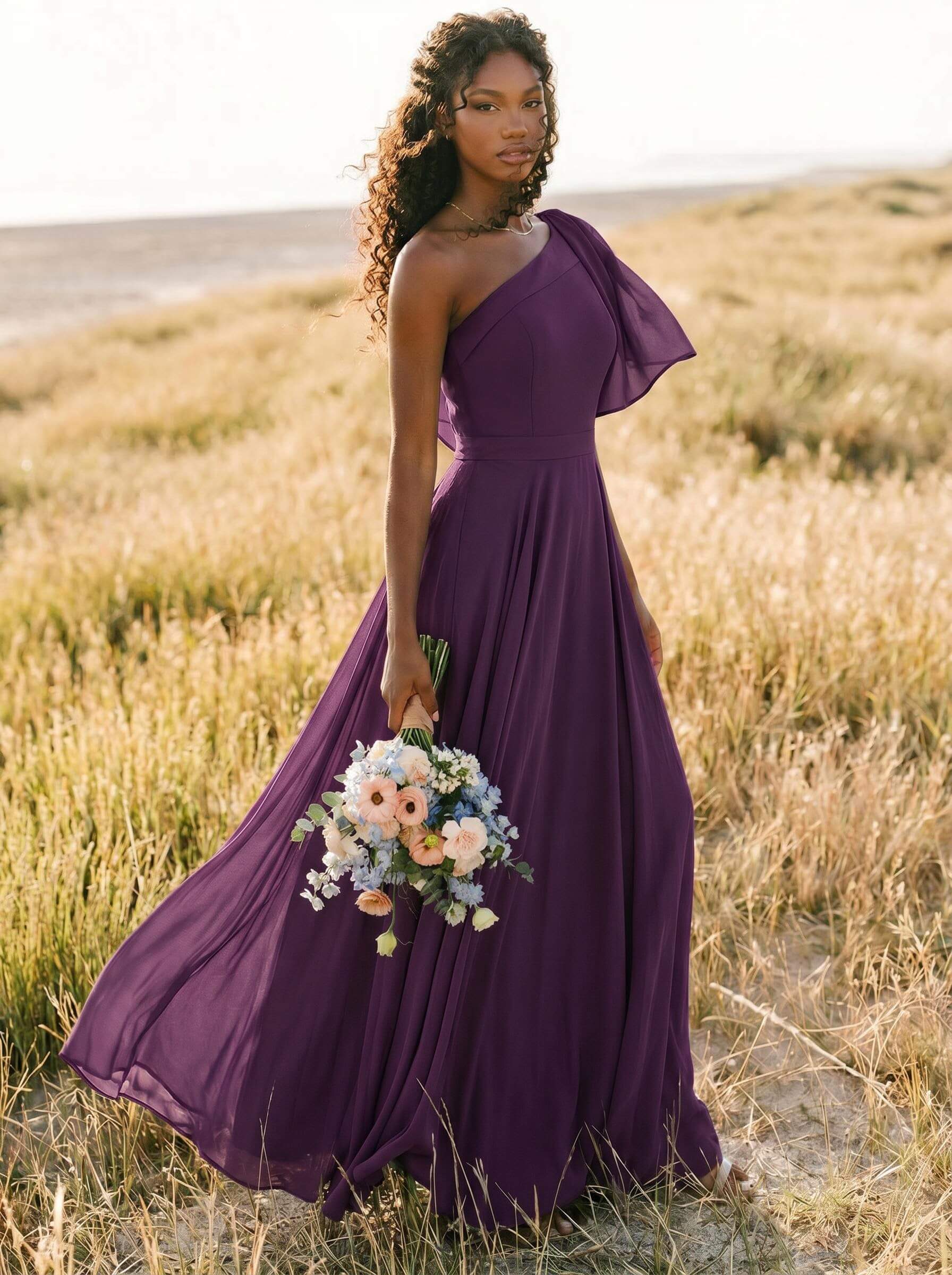A-Line One-Shoulder Sleeveless Floor-Length Chiffon Bridesmaid Dresses With Bow(s)/Pockets, product image 208