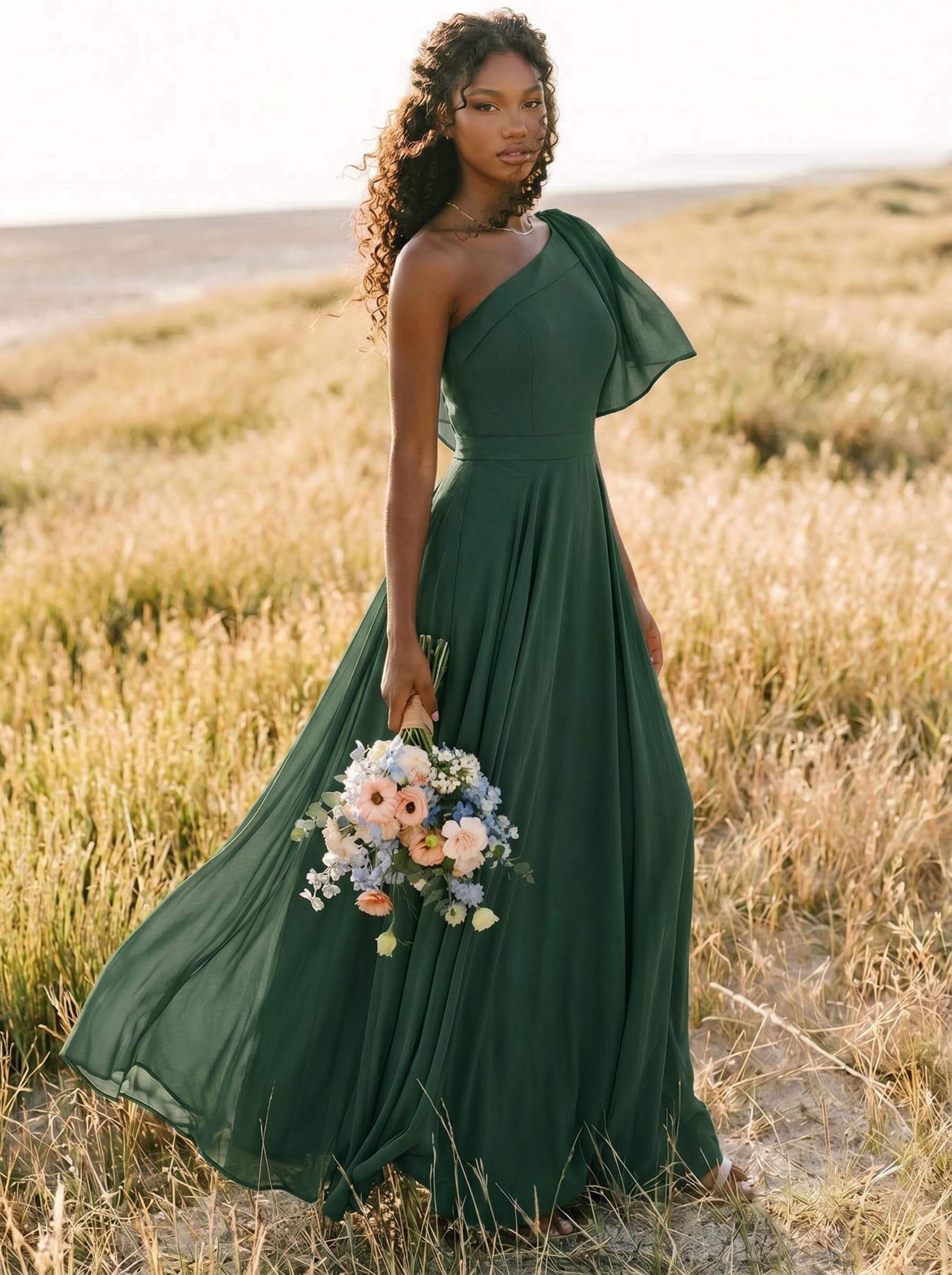 A-Line One-Shoulder Sleeveless Floor-Length Chiffon Bridesmaid Dresses With Bow(s)/Pockets, product image 220