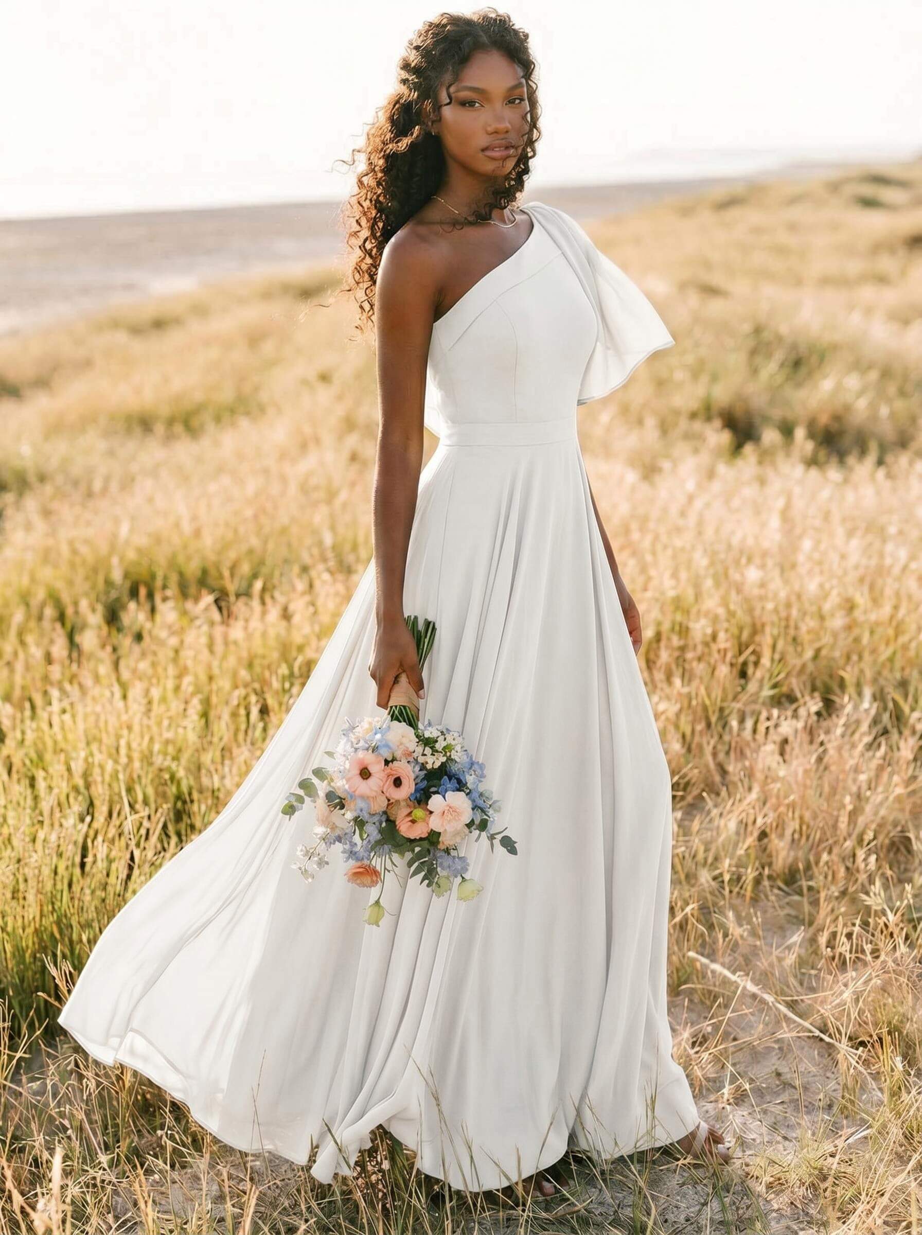 A-Line One-Shoulder Sleeveless Floor-Length Chiffon Bridesmaid Dresses With Bow(s)/Pockets, product image 248