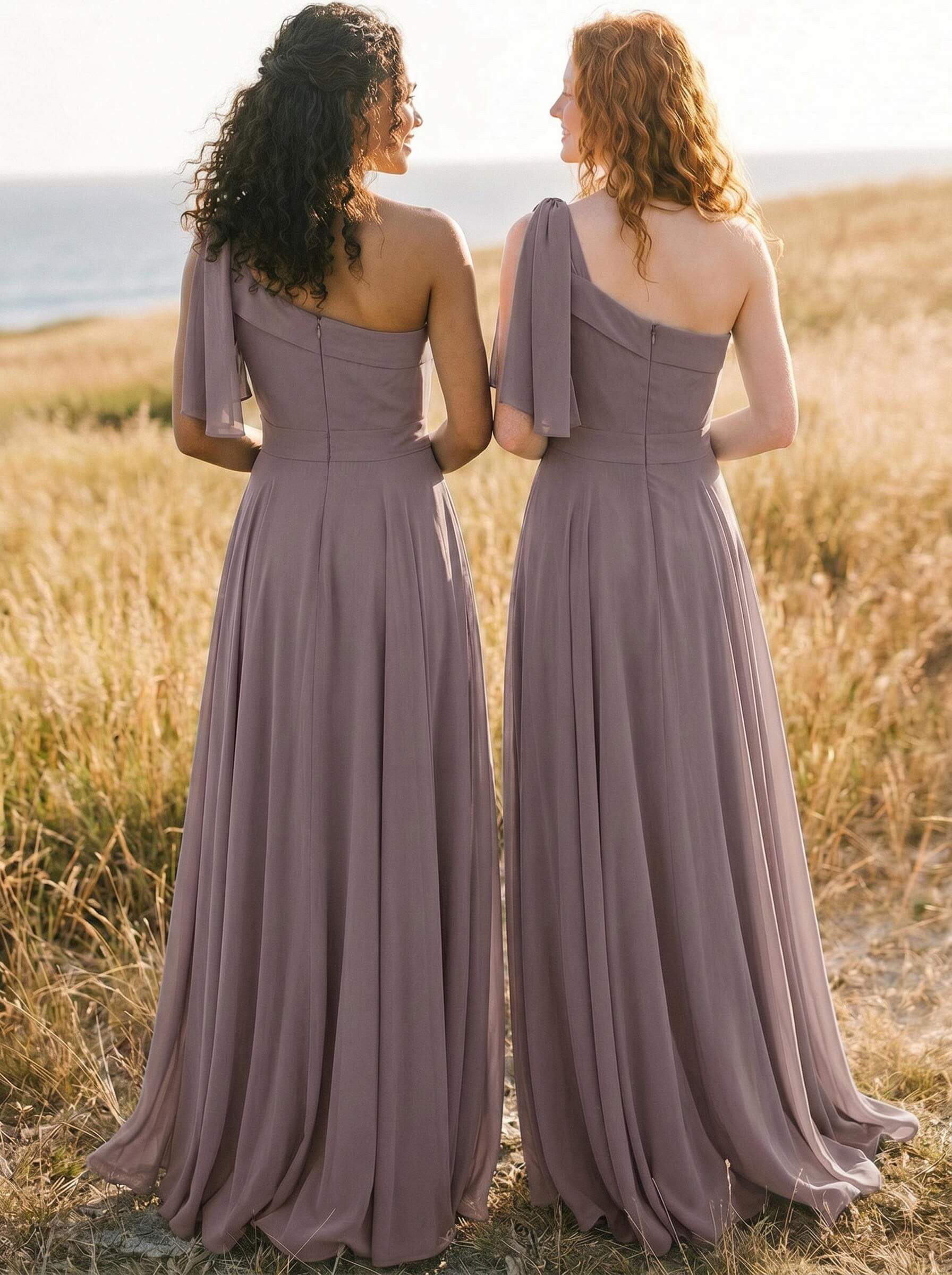 A-Line One-Shoulder Sleeveless Floor-Length Chiffon Bridesmaid Dresses With Bow(s)/Pockets, product image 57