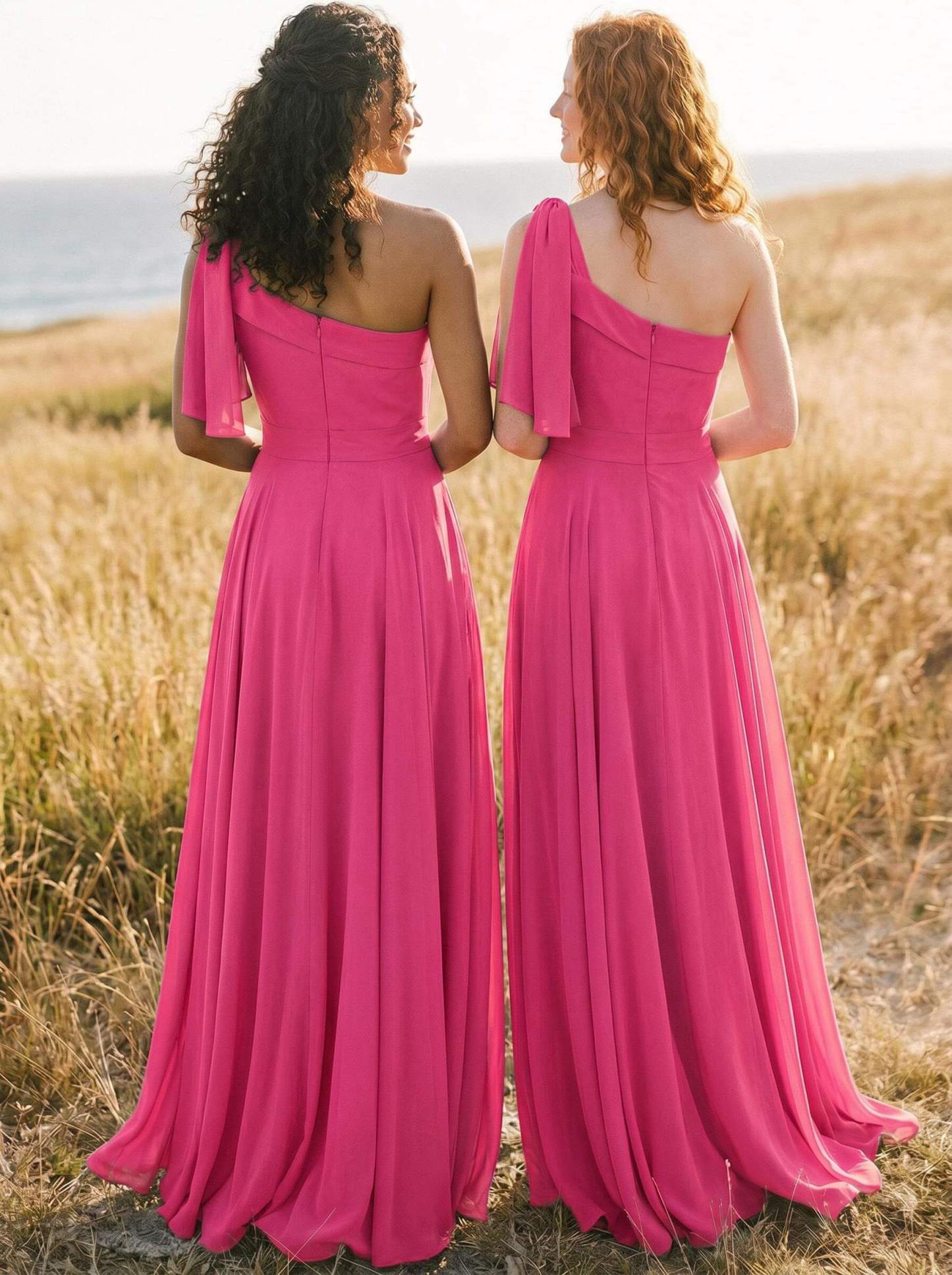 A-Line One-Shoulder Sleeveless Floor-Length Chiffon Bridesmaid Dresses With Bow(s)/Pockets, product image 77