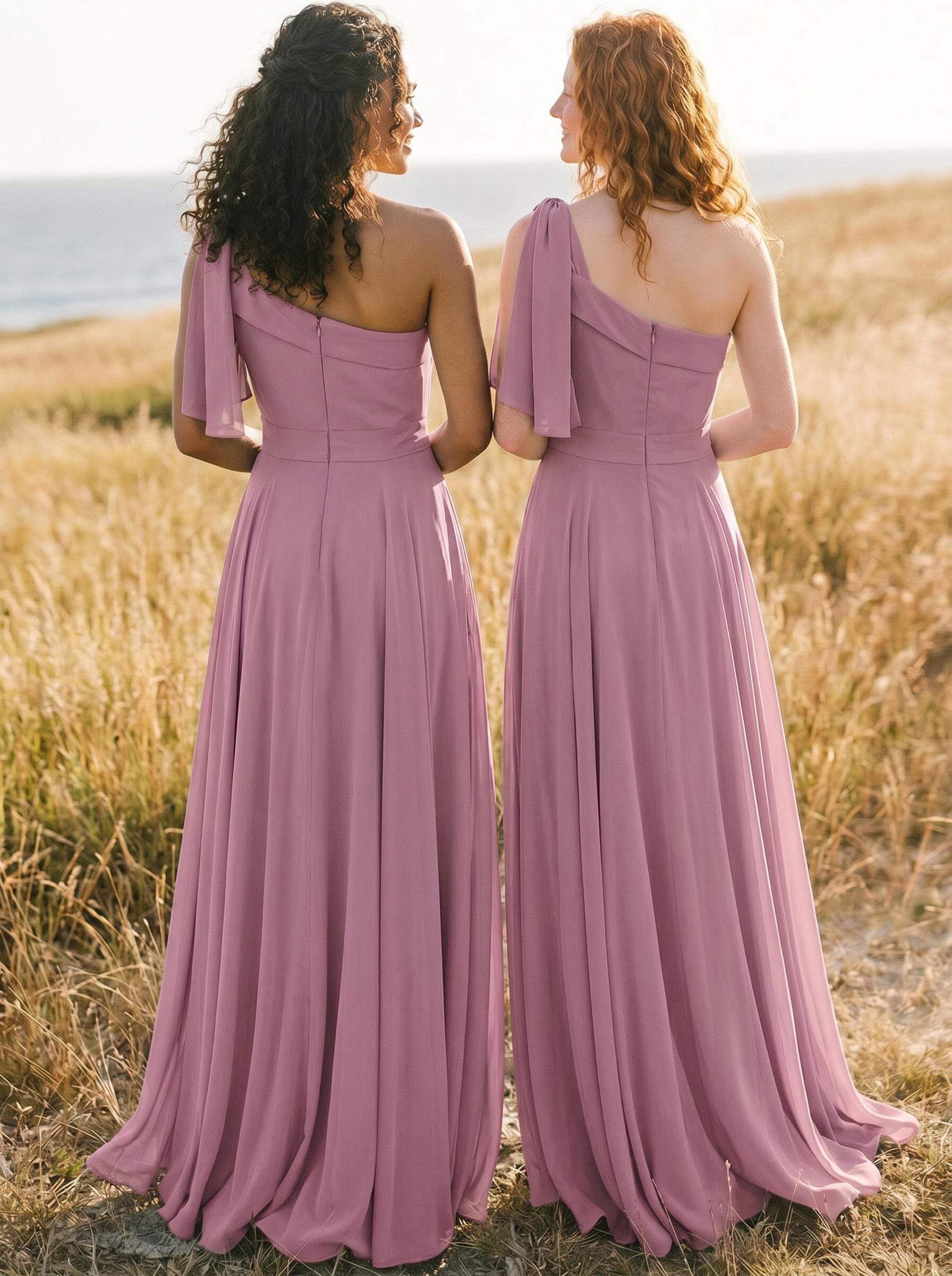 A-Line One-Shoulder Sleeveless Floor-Length Chiffon Bridesmaid Dresses With Bow(s)/Pockets, product image 63