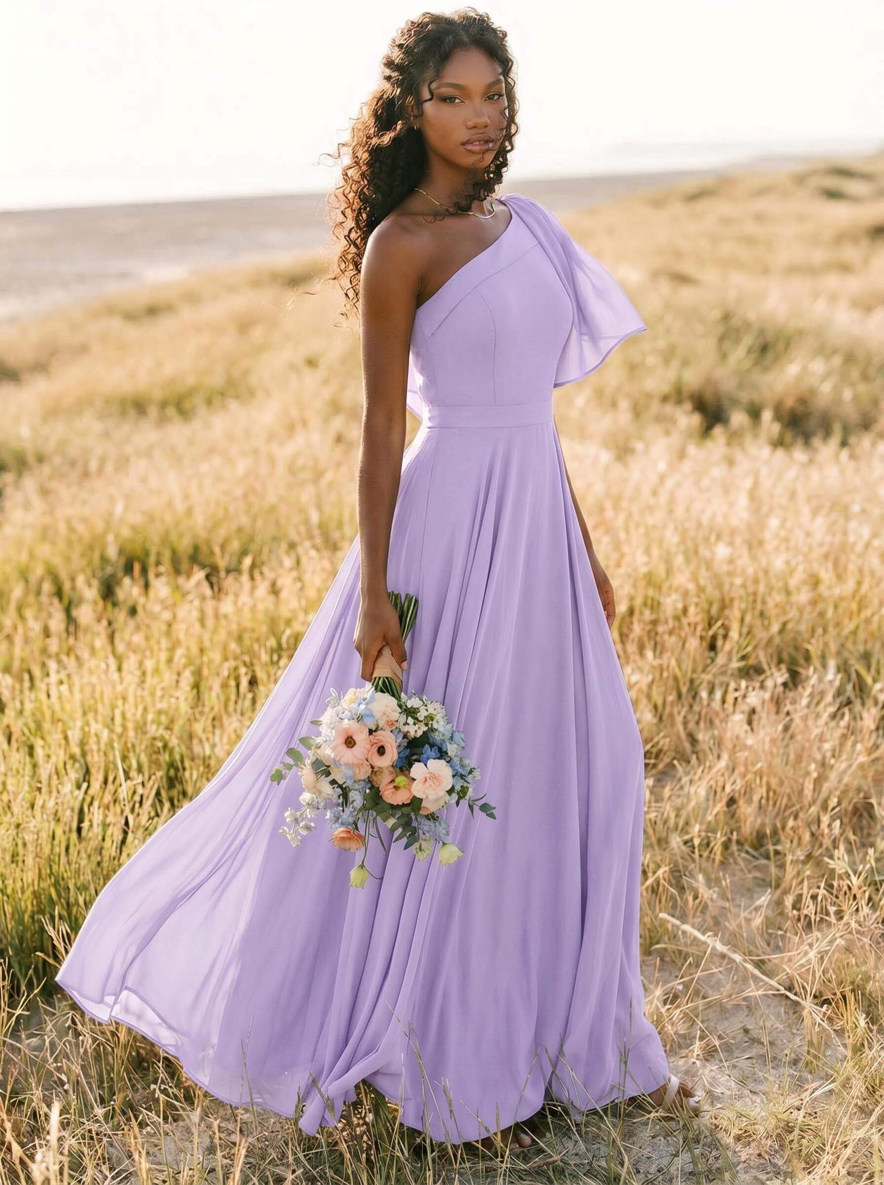 A-Line One-Shoulder Sleeveless Floor-Length Chiffon Bridesmaid Dresses With Bow(s)/Pockets, product image 200