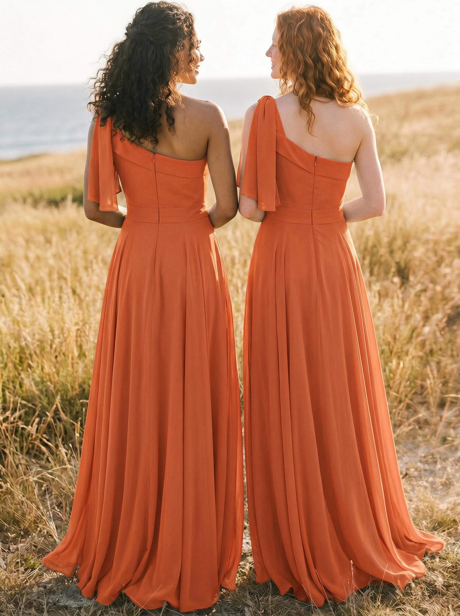A-Line One-Shoulder Sleeveless Floor-Length Chiffon Bridesmaid Dresses With Bow(s)/Pockets, product image 107