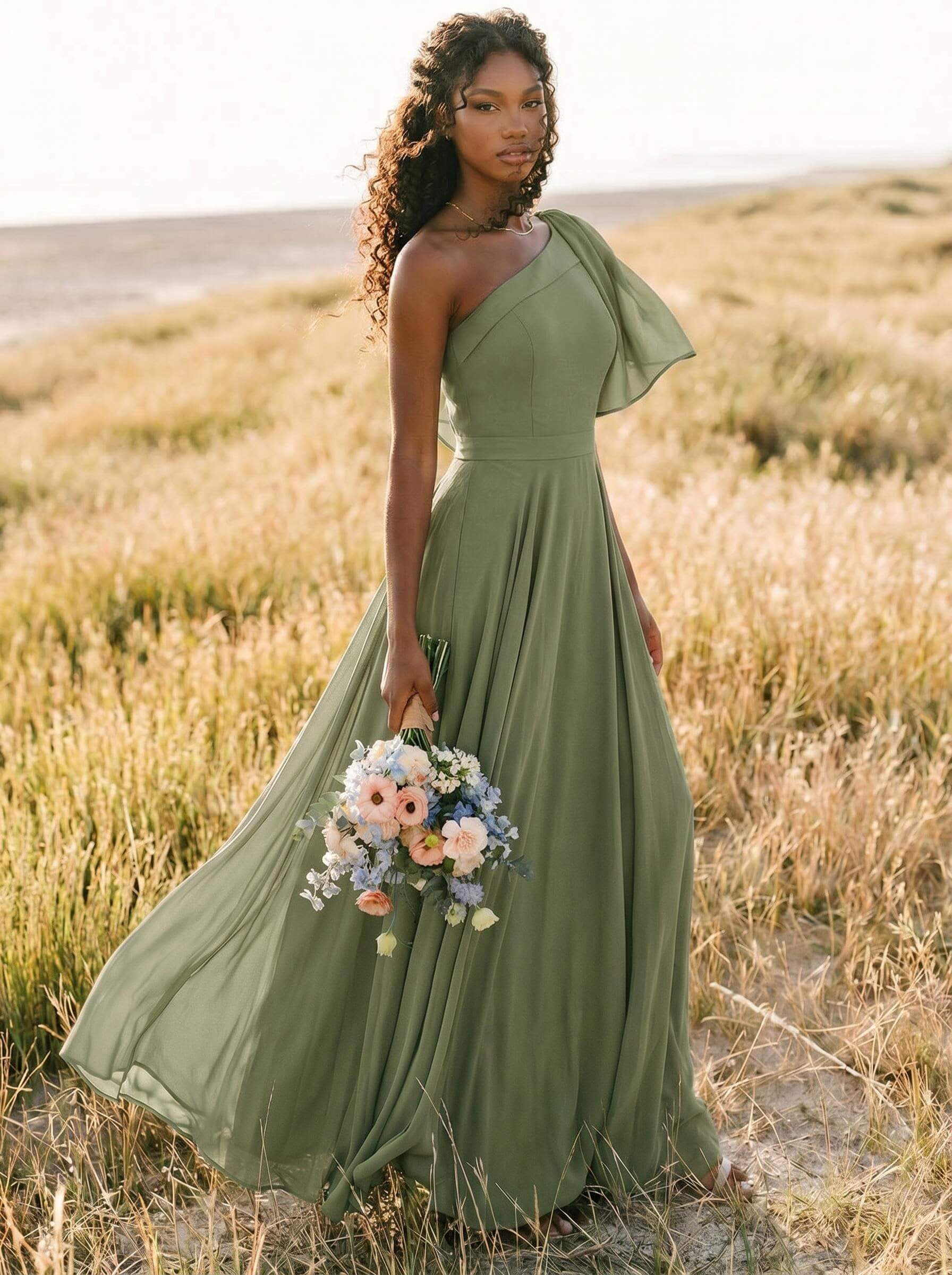 A-Line One-Shoulder Sleeveless Floor-Length Chiffon Bridesmaid Dresses With Bow(s)/Pockets, product image 258