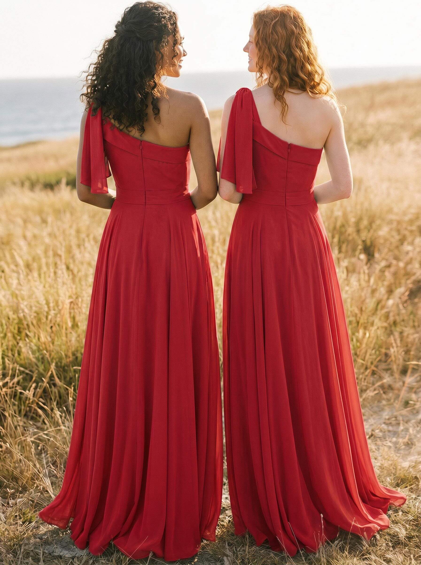 A-Line One-Shoulder Sleeveless Floor-Length Chiffon Bridesmaid Dresses With Bow(s)/Pockets, product image 37