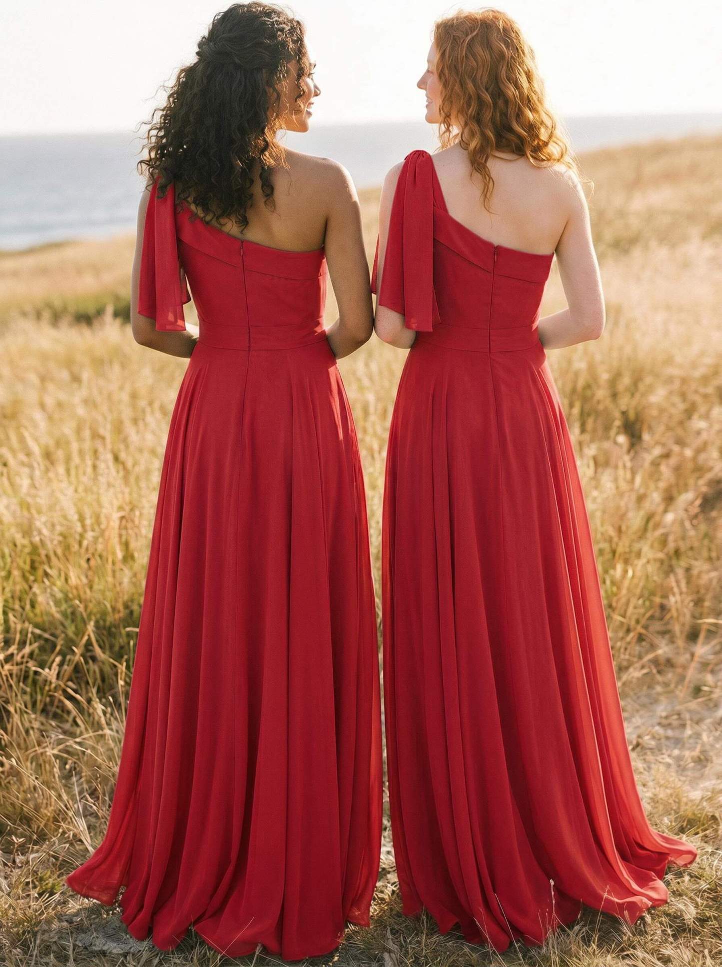 A-Line One-Shoulder Sleeveless Floor-Length Chiffon Bridesmaid Dresses With Bow(s)/Pockets, product image 37