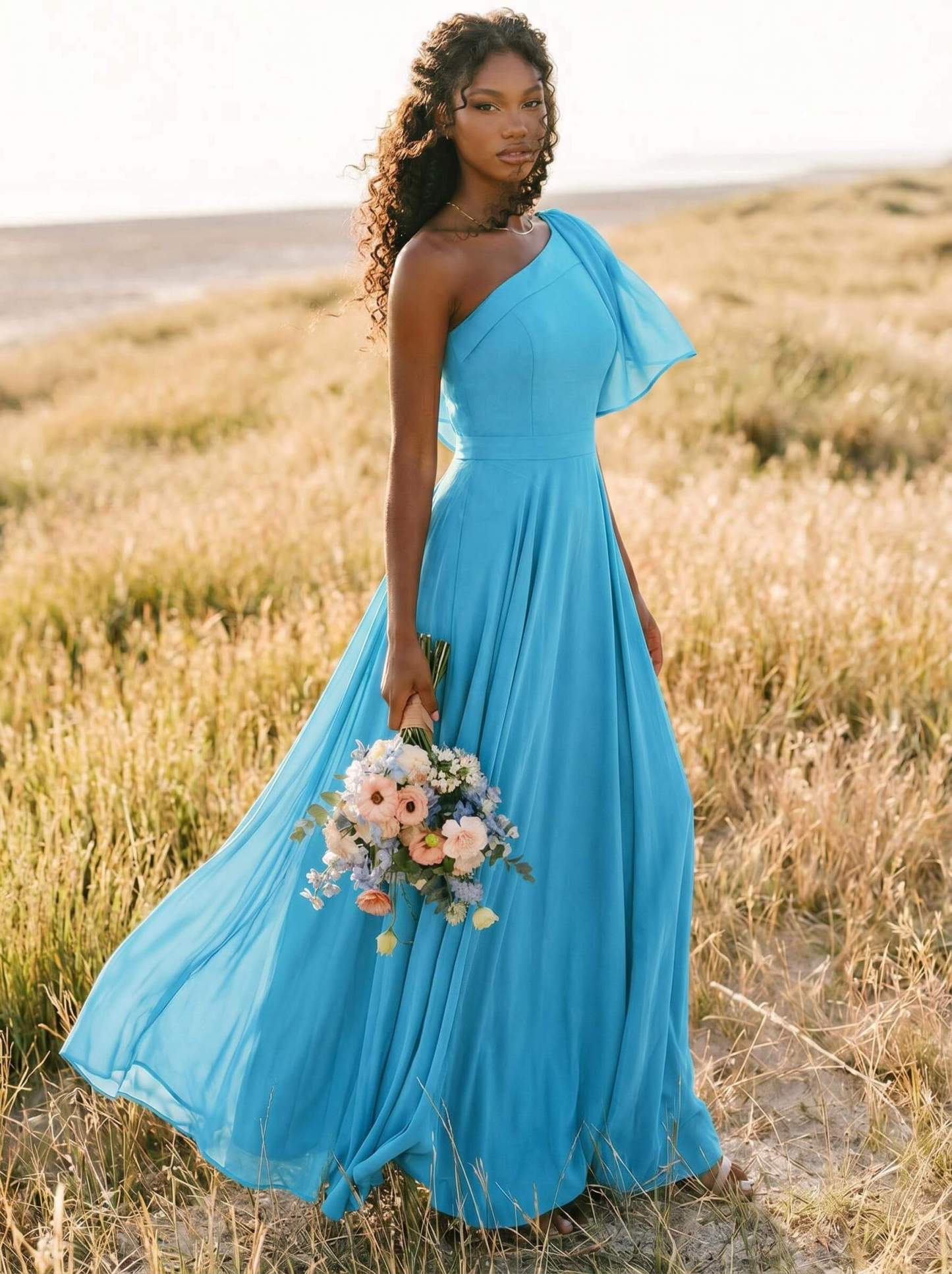 A-Line One-Shoulder Sleeveless Floor-Length Chiffon Bridesmaid Dresses With Bow(s)/Pockets, product image 156