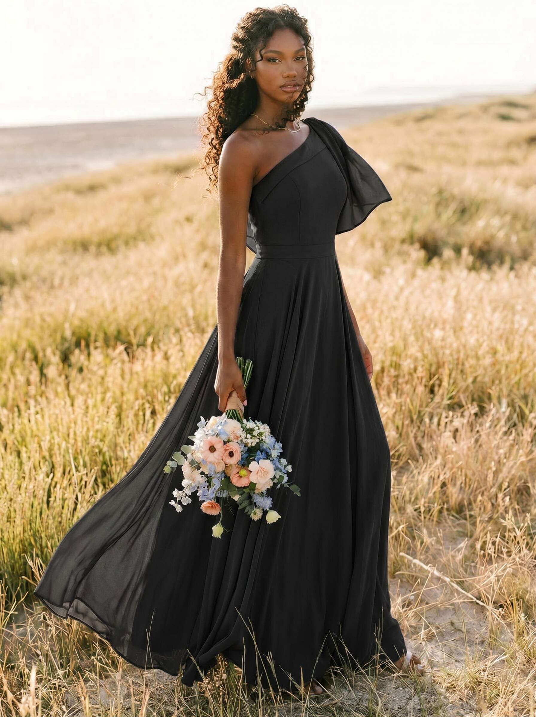 A-Line One-Shoulder Sleeveless Floor-Length Chiffon Bridesmaid Dresses With Bow(s)/Pockets, product image 256