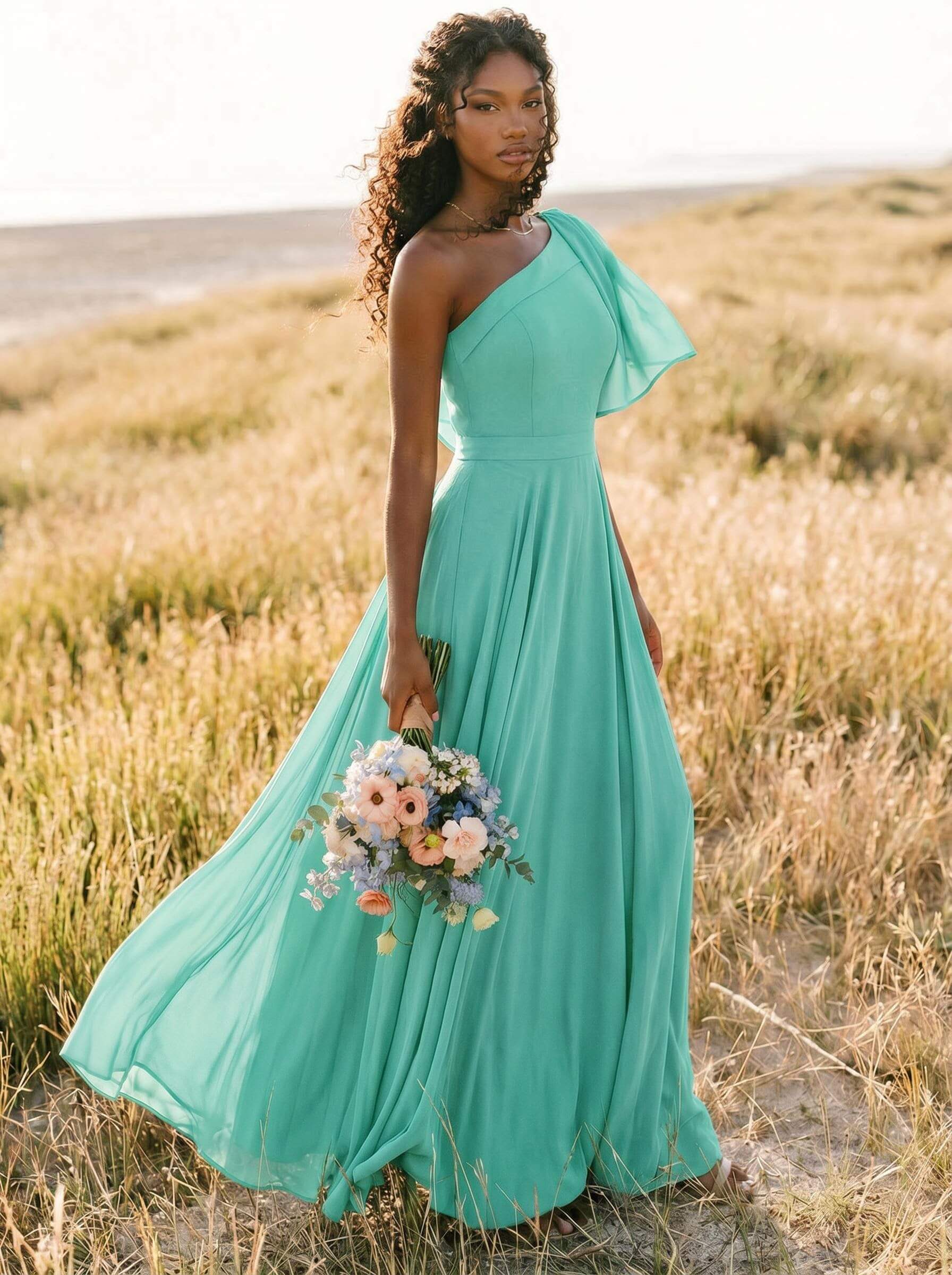 A-Line One-Shoulder Sleeveless Floor-Length Chiffon Bridesmaid Dresses With Bow(s)/Pockets, product image 232