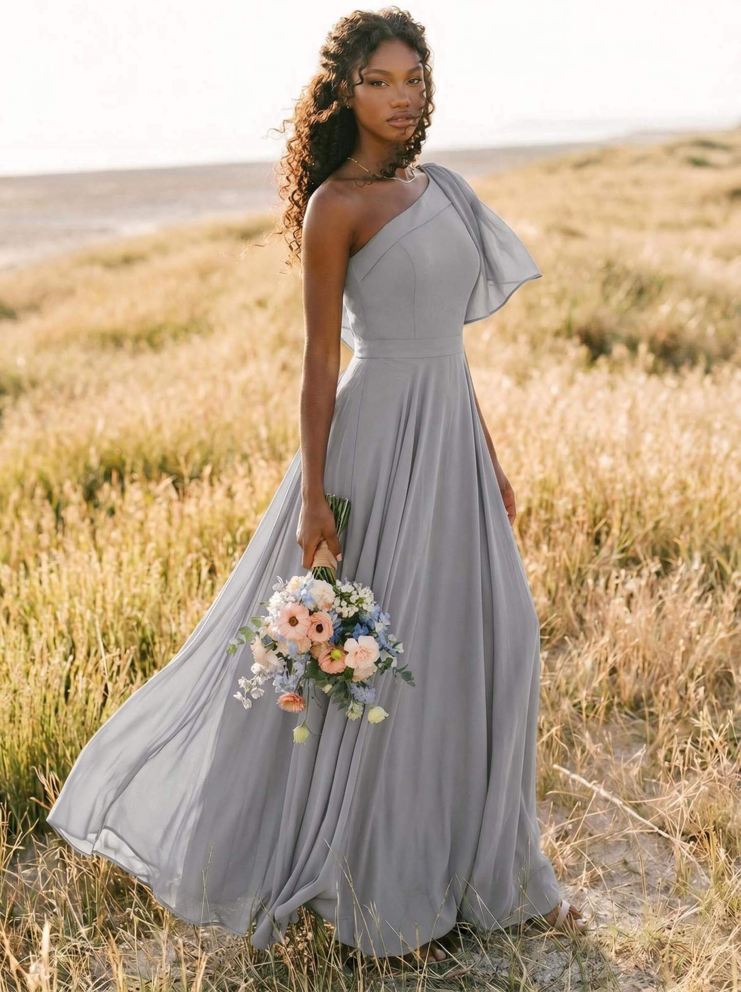 A-Line One-Shoulder Sleeveless Floor-Length Chiffon Bridesmaid Dresses With Bow(s)/Pockets, product image 252