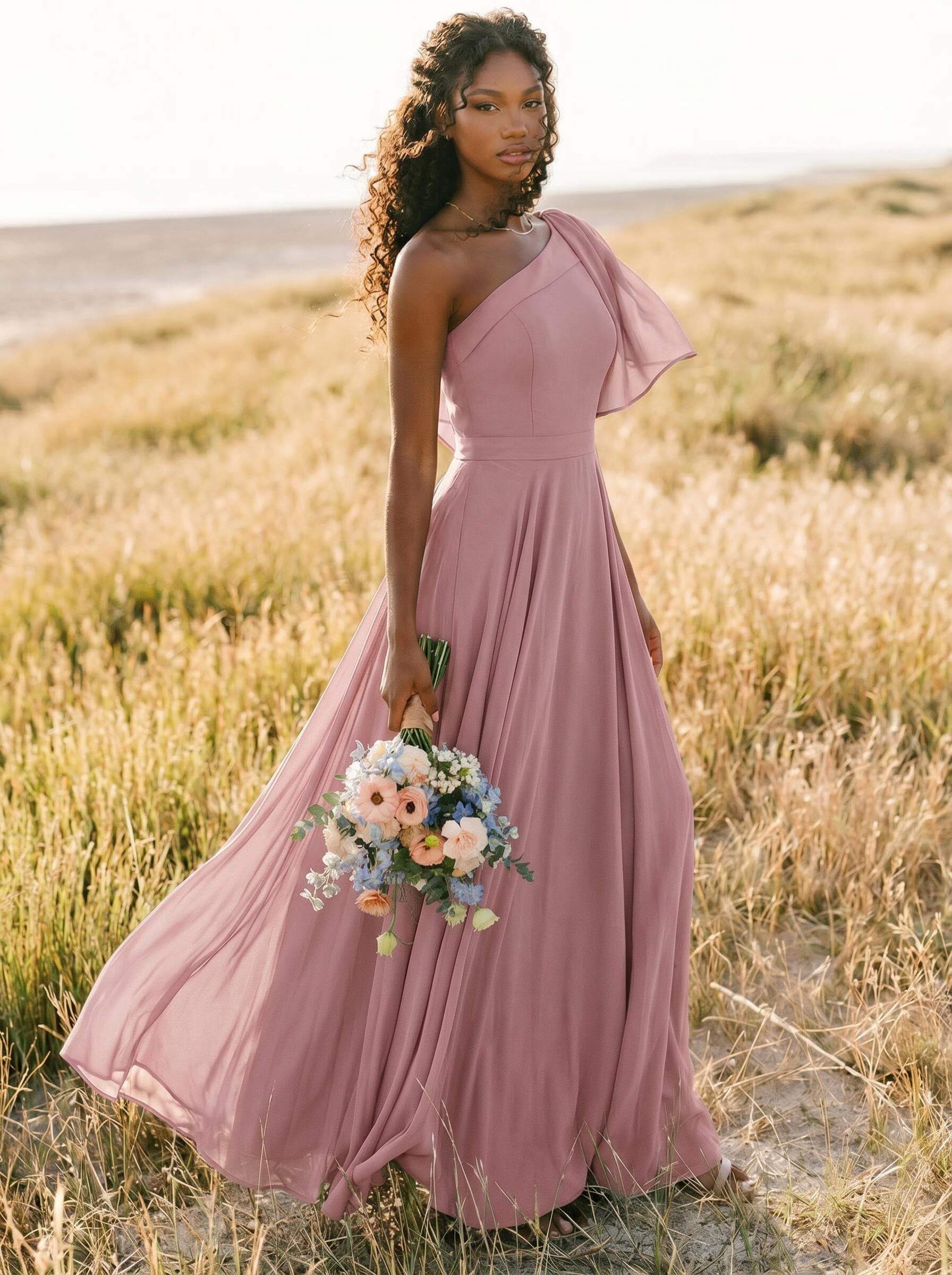 A-Line One-Shoulder Sleeveless Floor-Length Chiffon Bridesmaid Dresses With Bow(s)/Pockets, product image 196