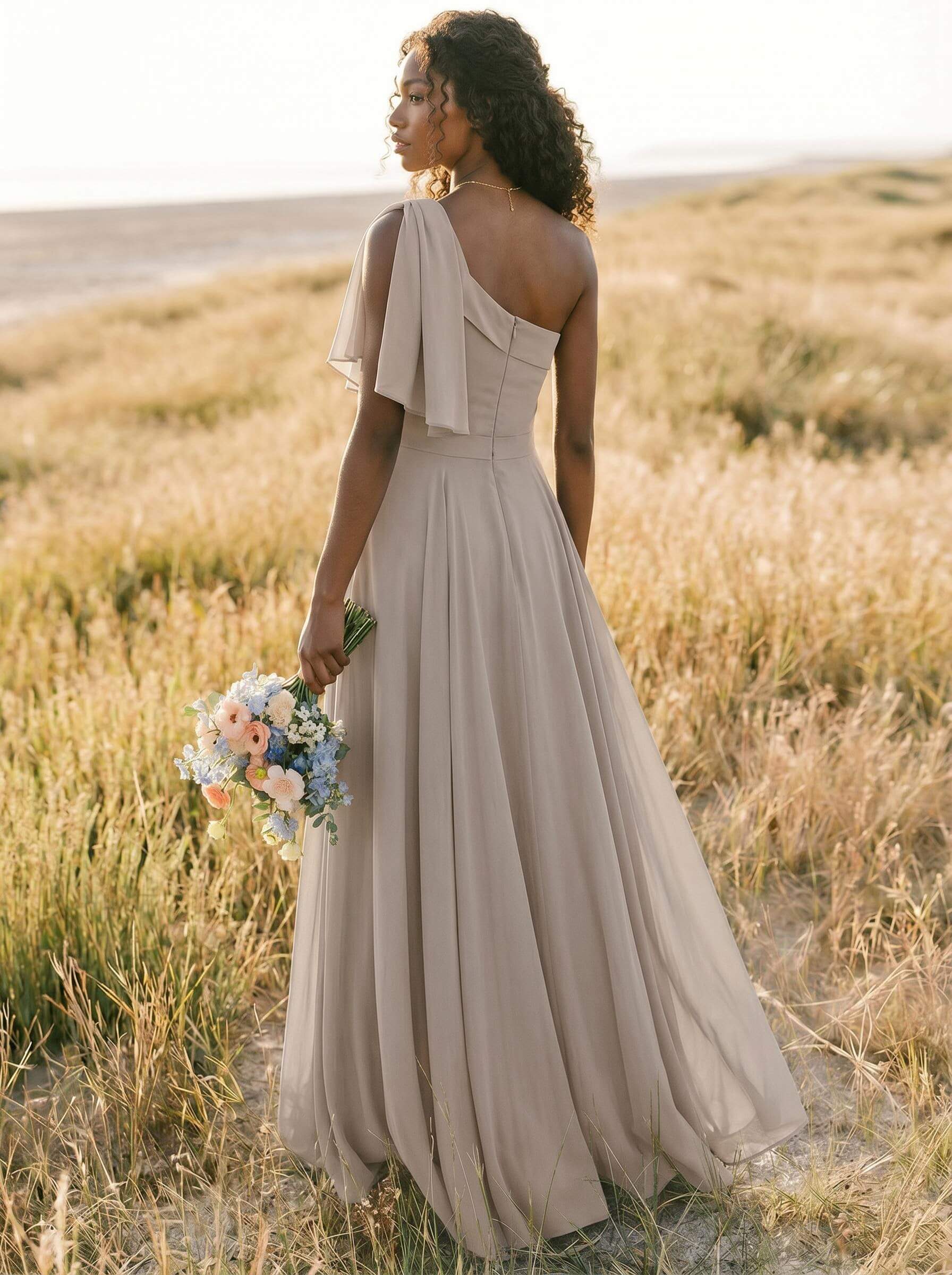 A-Line One-Shoulder Sleeveless Floor-Length Chiffon Bridesmaid Dresses With Bow(s)/Pockets, product image 261