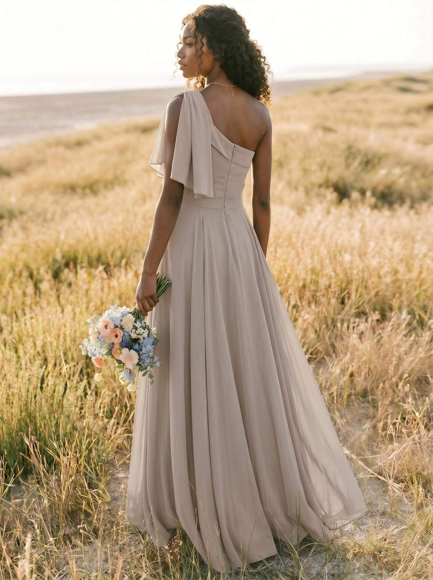 A-Line One-Shoulder Sleeveless Floor-Length Chiffon Bridesmaid Dresses With Bow(s)/Pockets, product image 261