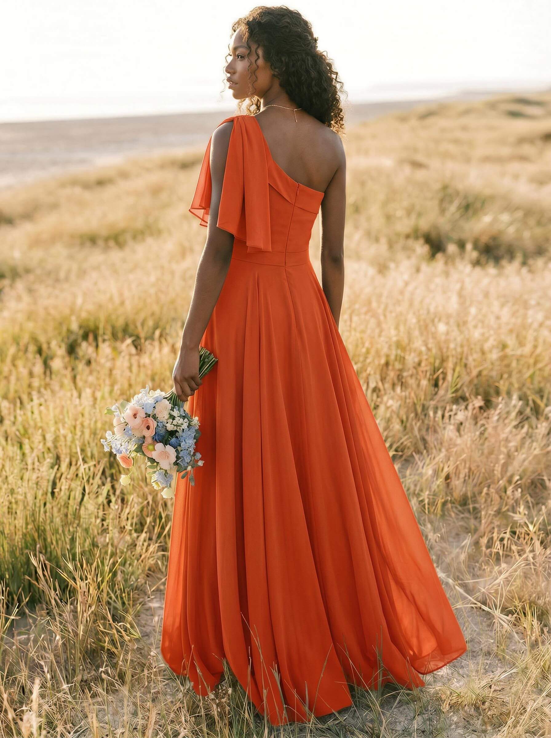 A-Line One-Shoulder Sleeveless Floor-Length Chiffon Bridesmaid Dresses With Bow(s)/Pockets, product image 263