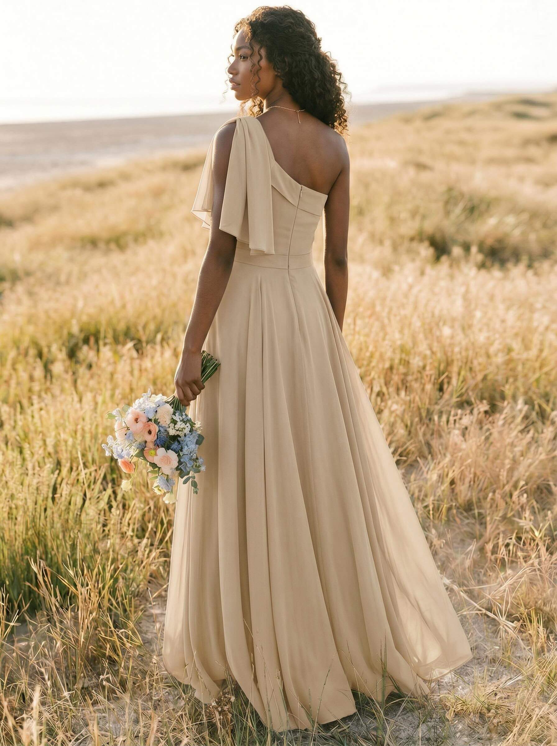 A-Line One-Shoulder Sleeveless Floor-Length Chiffon Bridesmaid Dresses With Bow(s)/Pockets, product image 235