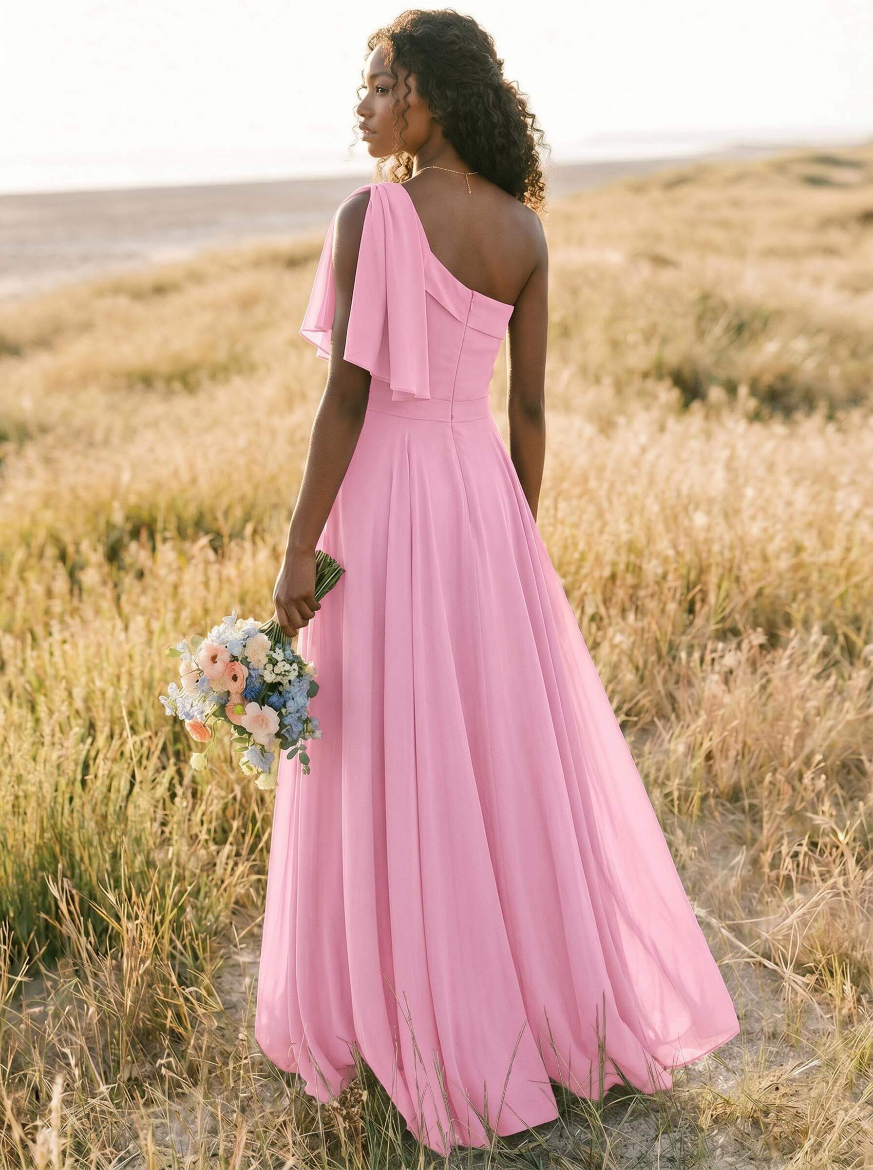 A-Line One-Shoulder Sleeveless Floor-Length Chiffon Bridesmaid Dresses With Bow(s)/Pockets, product image 191
