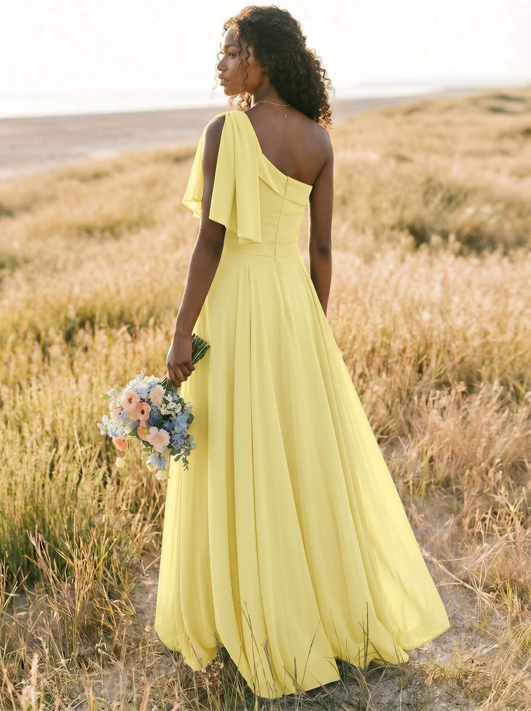 A-Line One-Shoulder Sleeveless Floor-Length Chiffon Bridesmaid Dresses With Bow(s)/Pockets, product image 239