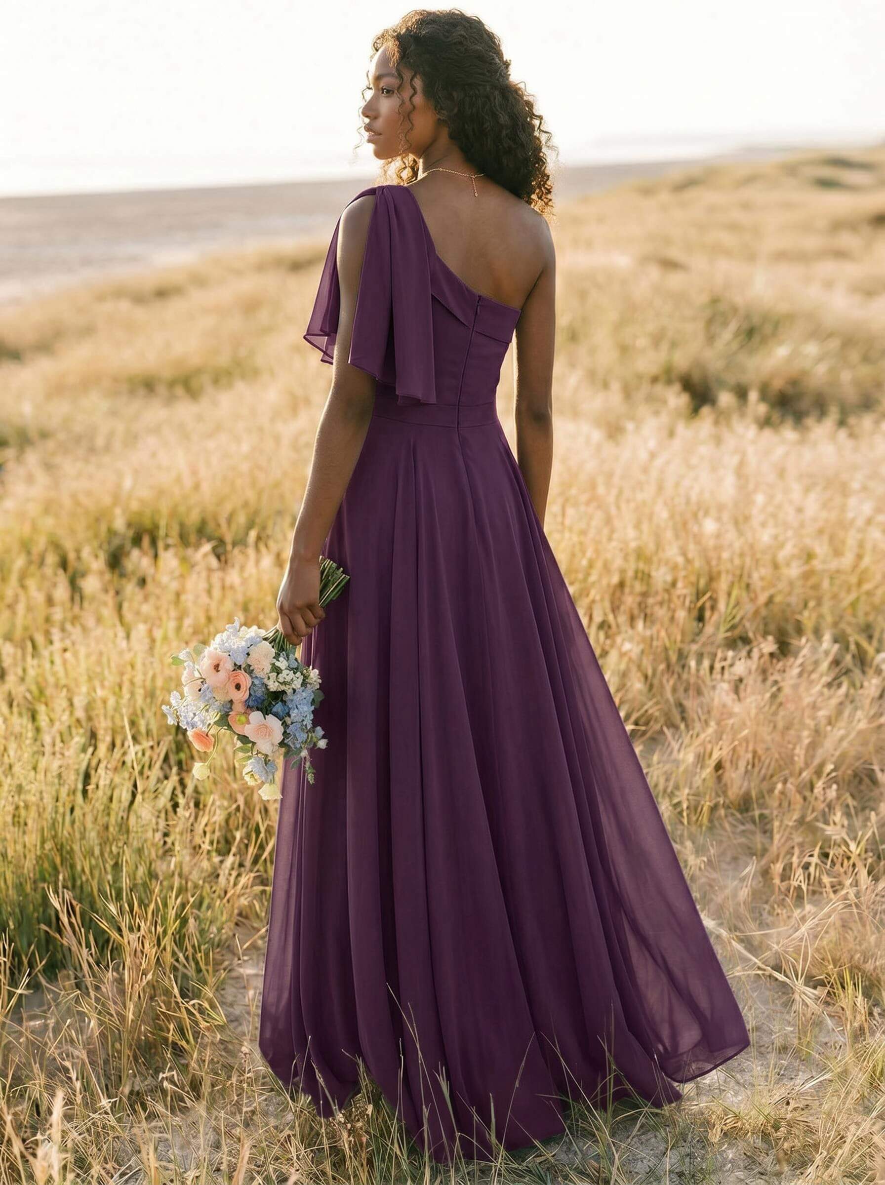 A-Line One-Shoulder Sleeveless Floor-Length Chiffon Bridesmaid Dresses With Bow(s)/Pockets, product image 209