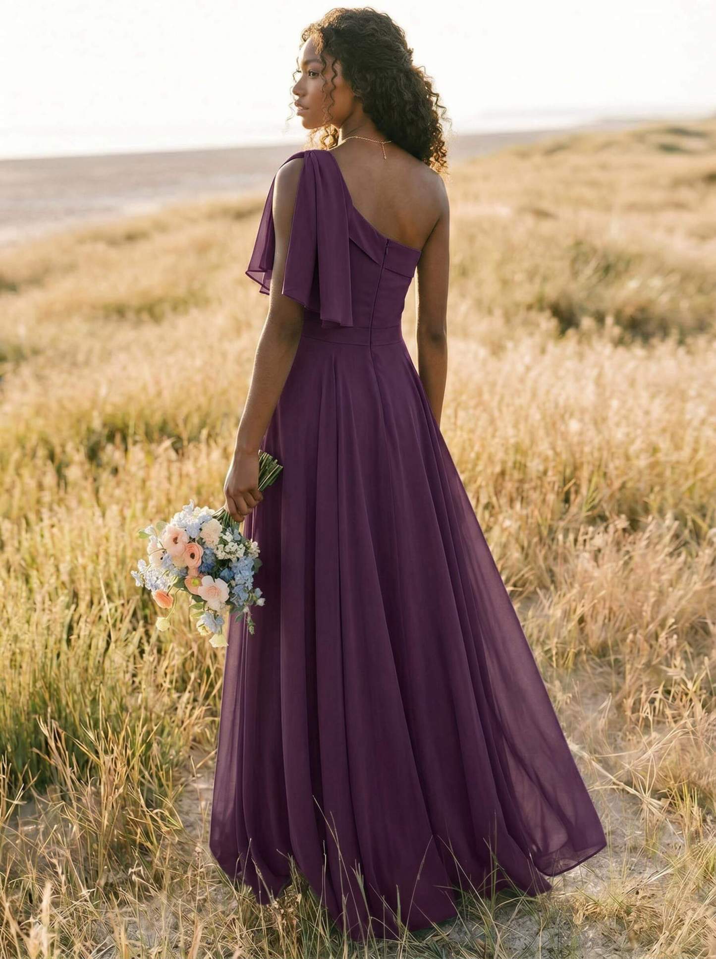 A-Line One-Shoulder Sleeveless Floor-Length Chiffon Bridesmaid Dresses With Bow(s)/Pockets, product image 209
