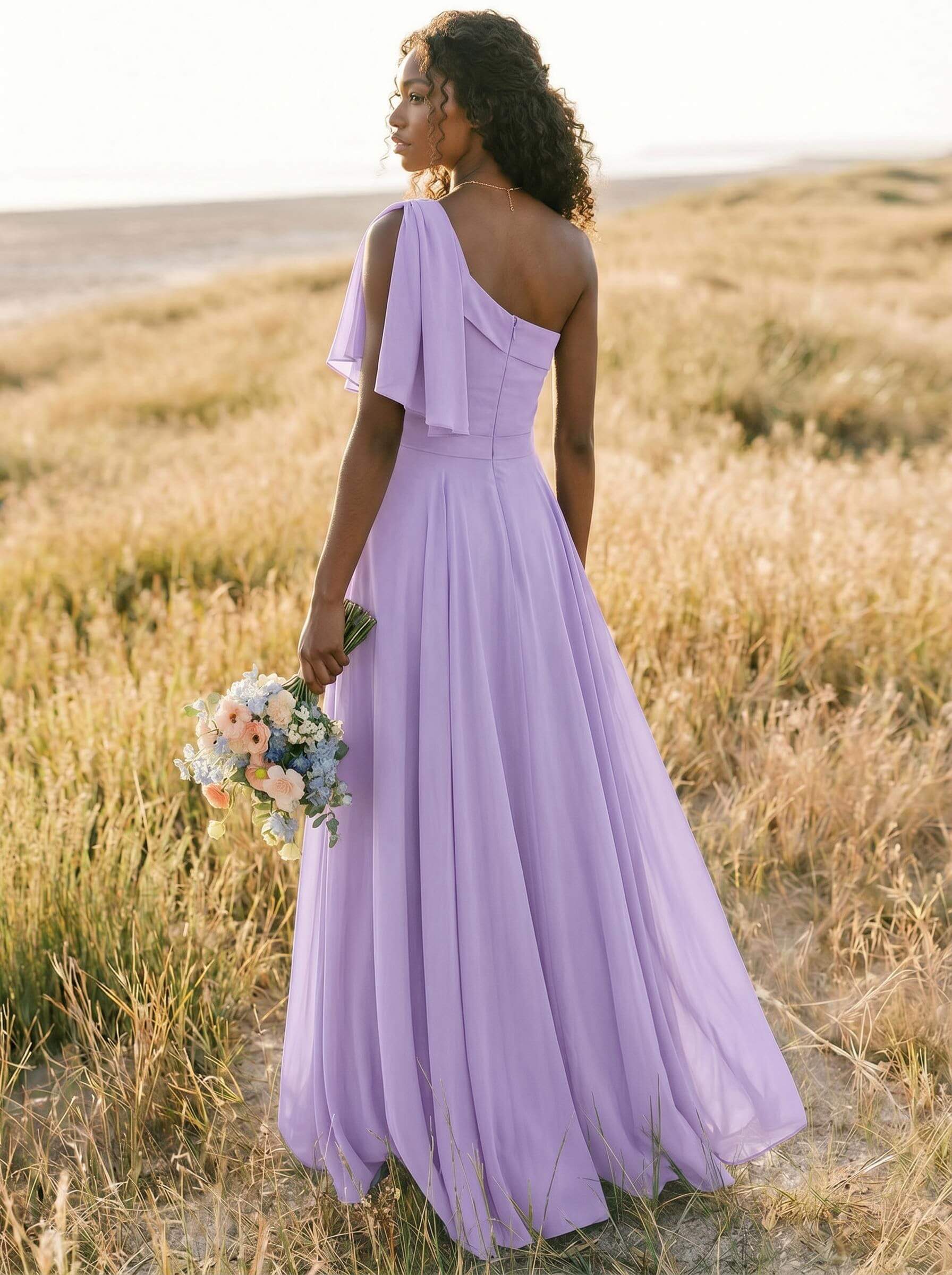 A-Line One-Shoulder Sleeveless Floor-Length Chiffon Bridesmaid Dresses With Bow(s)/Pockets, product image 201