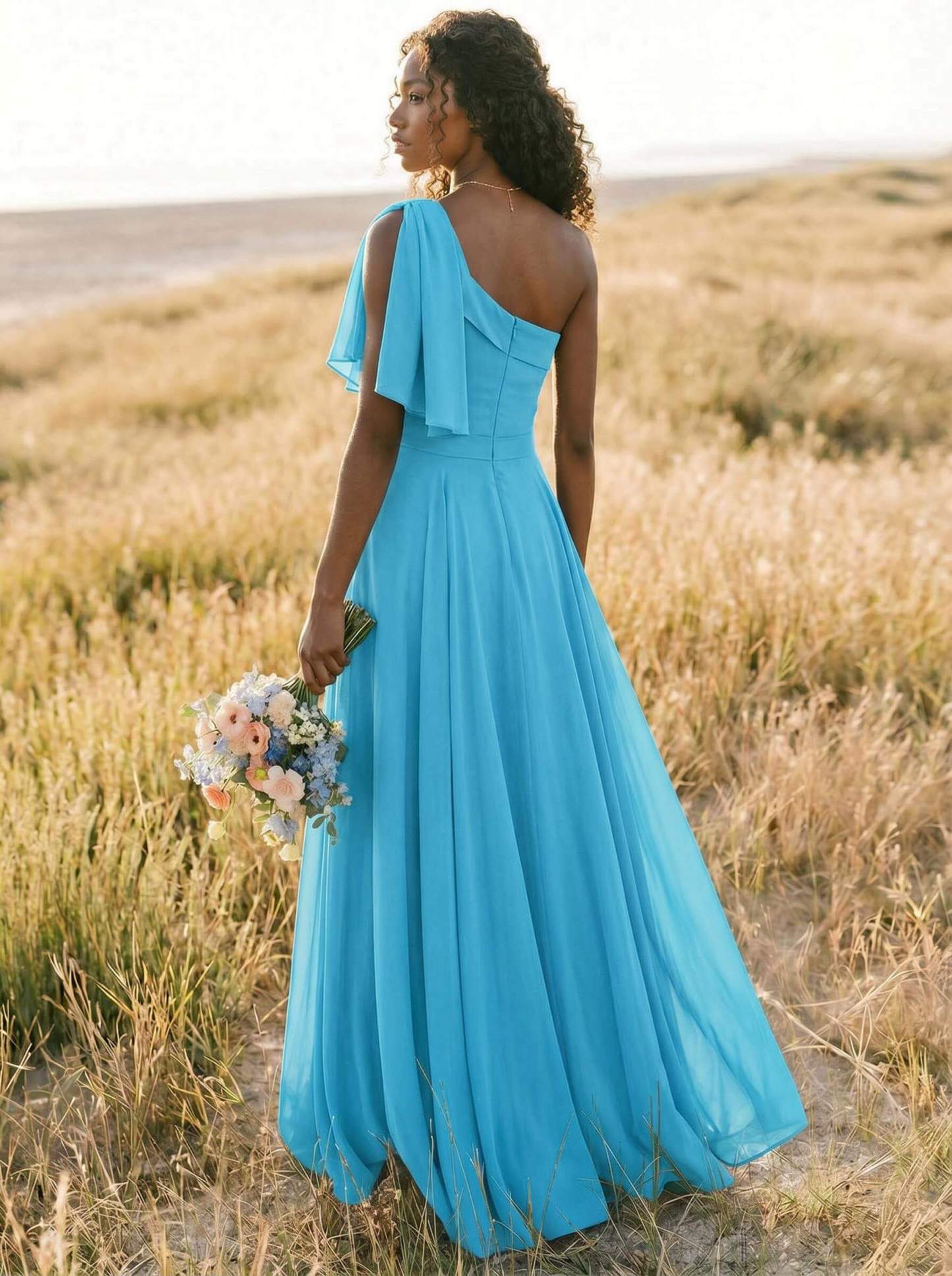 A-Line One-Shoulder Sleeveless Floor-Length Chiffon Bridesmaid Dresses With Bow(s)/Pockets, product image 157
