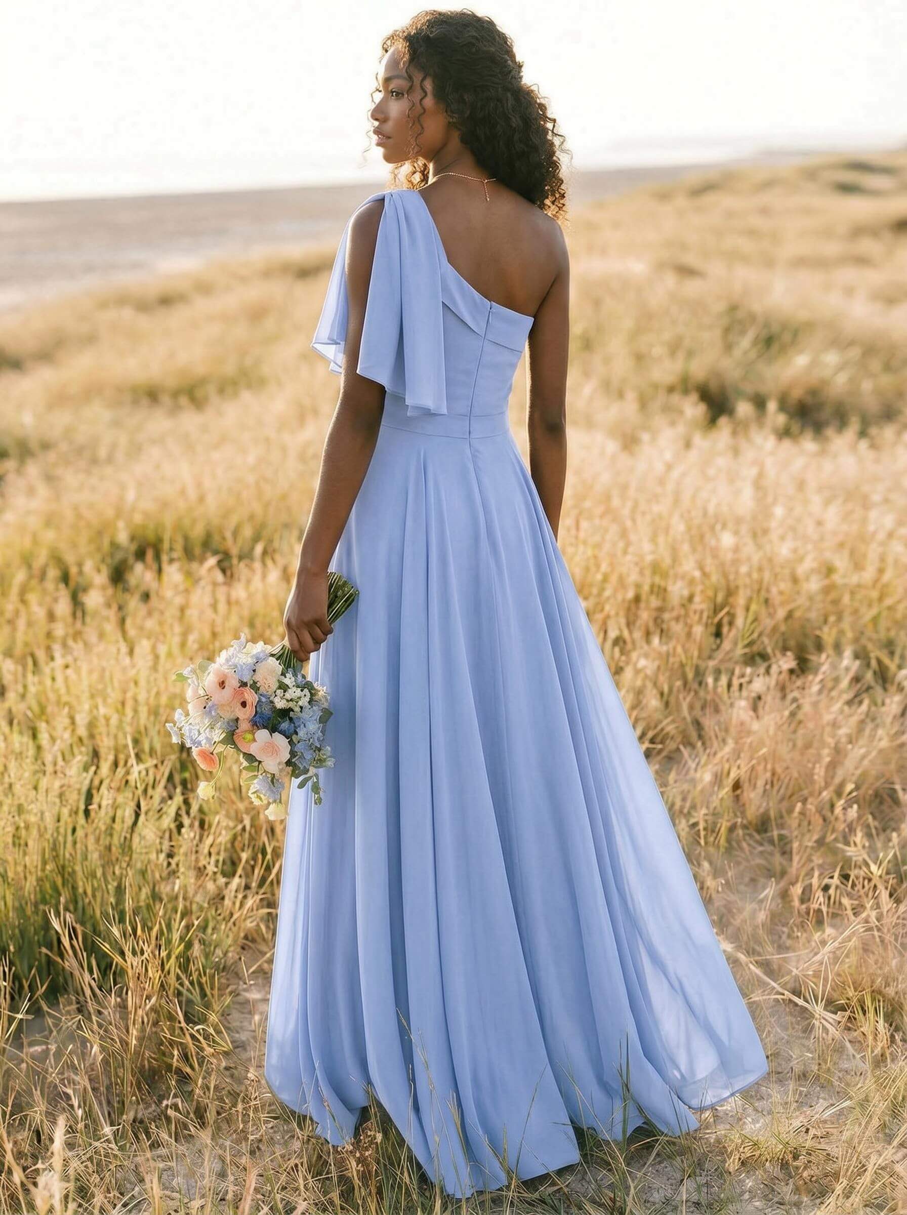 A-Line One-Shoulder Sleeveless Floor-Length Chiffon Bridesmaid Dresses With Bow(s)/Pockets, product image 203
