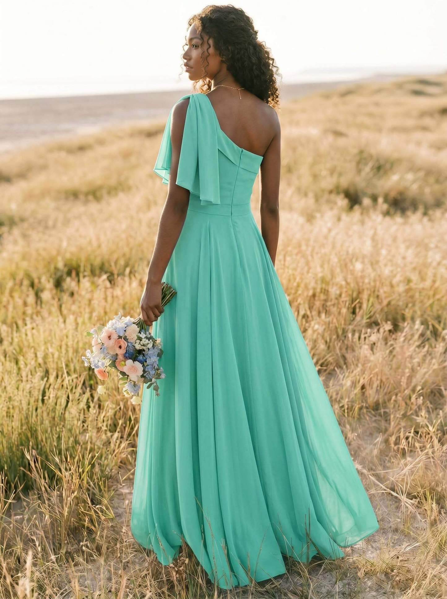 A-Line One-Shoulder Sleeveless Floor-Length Chiffon Bridesmaid Dresses With Bow(s)/Pockets, product image 233