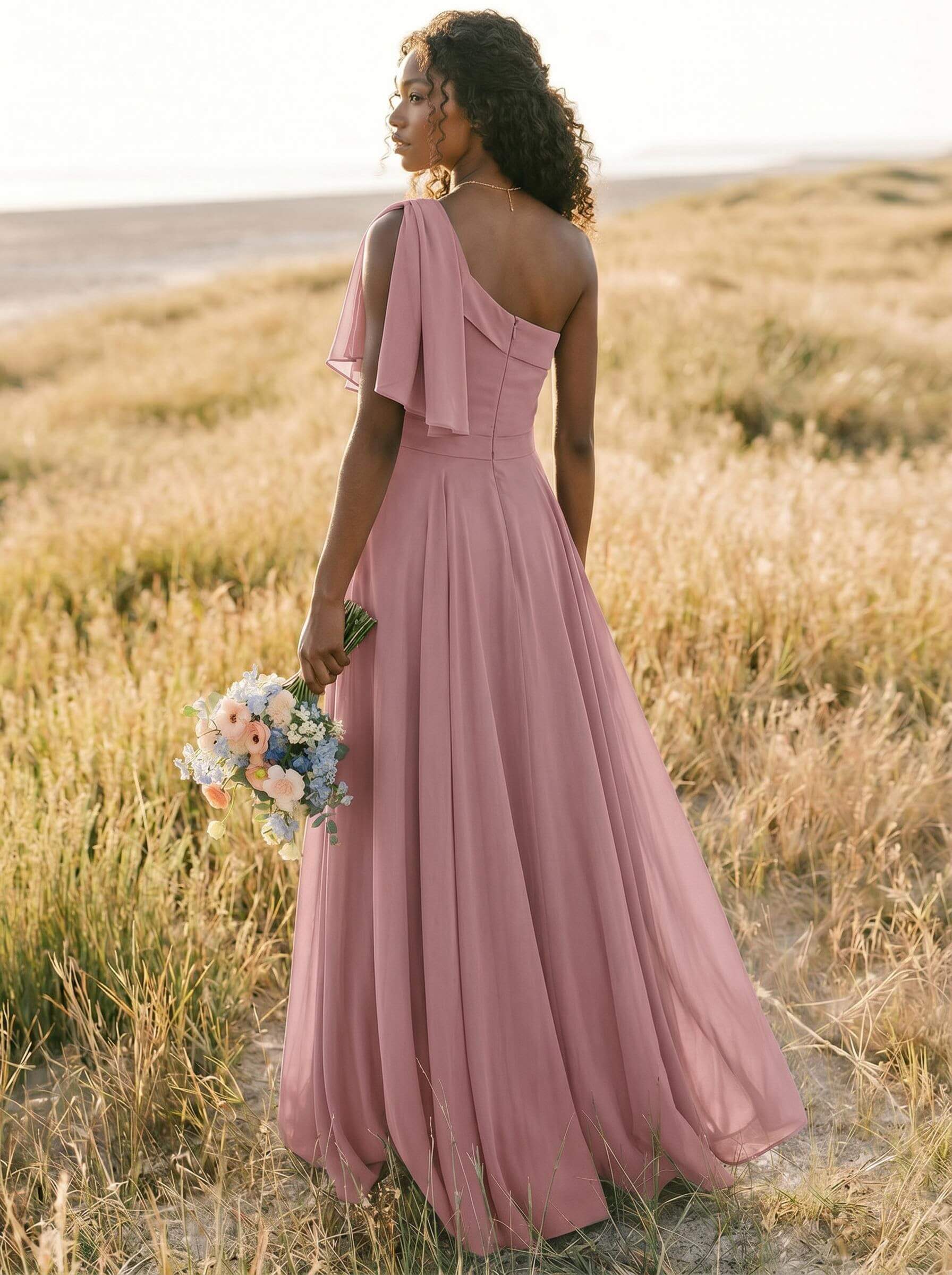 A-Line One-Shoulder Sleeveless Floor-Length Chiffon Bridesmaid Dresses With Bow(s)/Pockets, product image 197