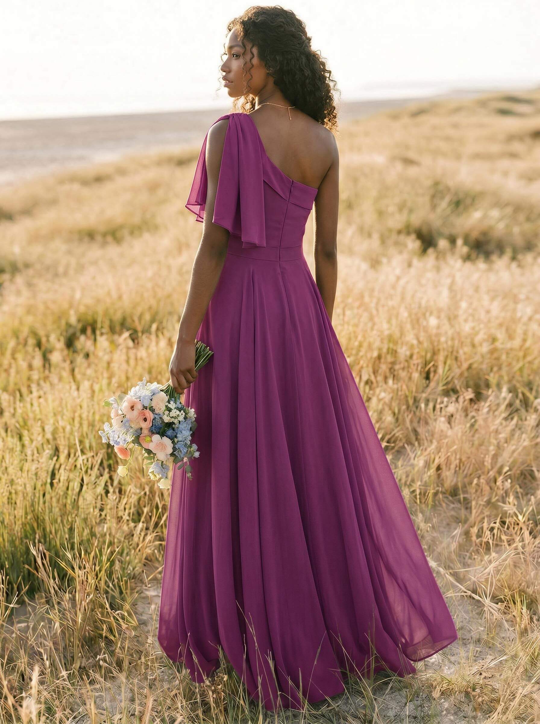 A-Line One-Shoulder Sleeveless Floor-Length Chiffon Bridesmaid Dresses With Bow(s)/Pockets, product image 211