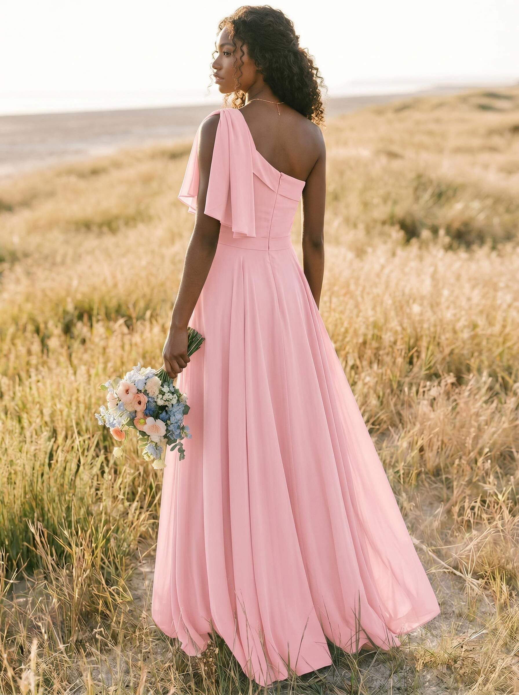 A-Line One-Shoulder Sleeveless Floor-Length Chiffon Bridesmaid Dresses With Bow(s)/Pockets, product image 185