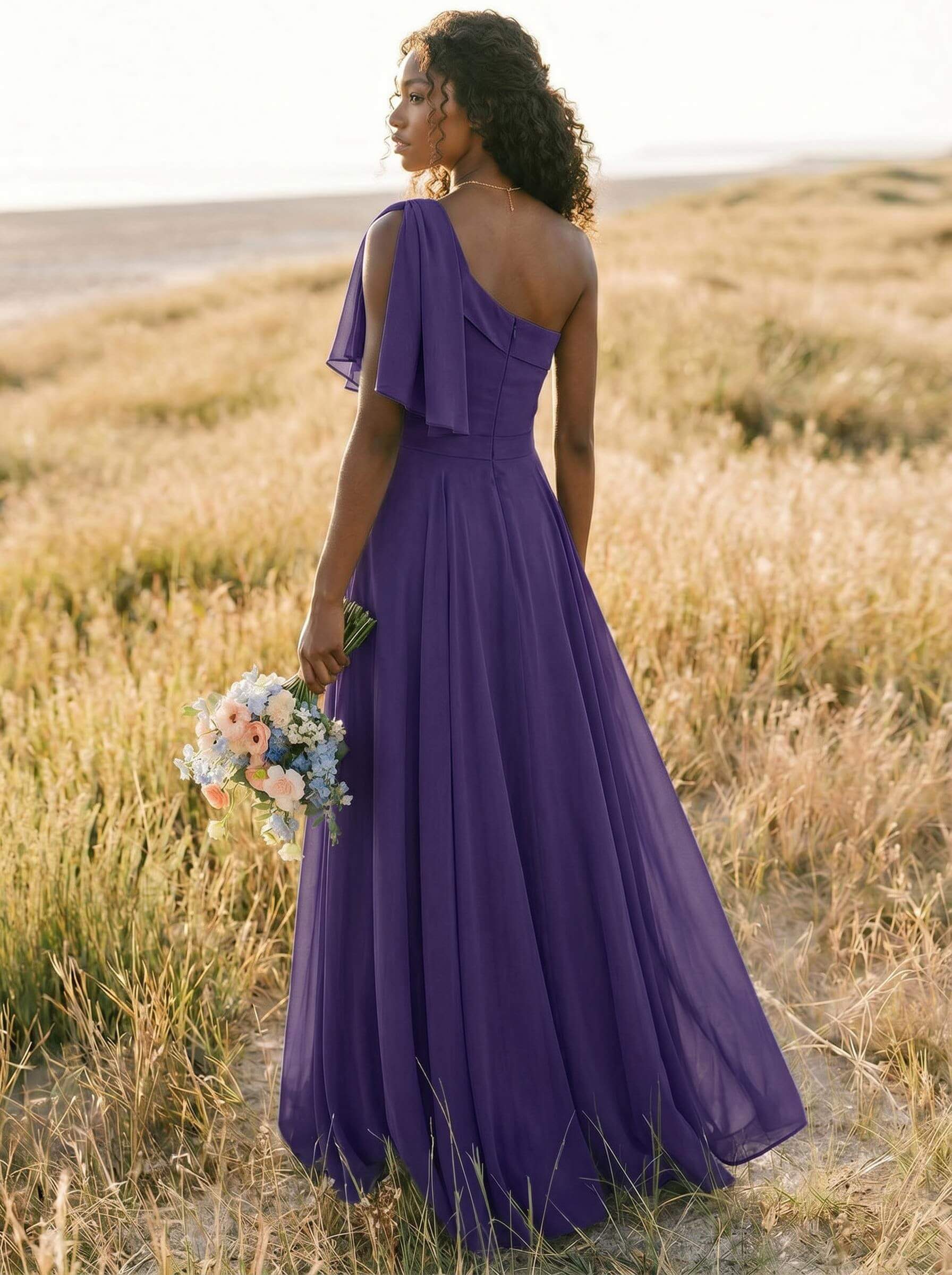 A-Line One-Shoulder Sleeveless Floor-Length Chiffon Bridesmaid Dresses With Bow(s)/Pockets, product image 217
