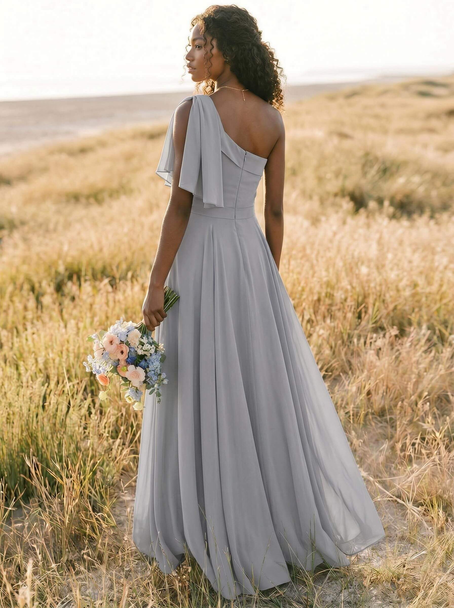 A-Line One-Shoulder Sleeveless Floor-Length Chiffon Bridesmaid Dresses With Bow(s)/Pockets, product image 253