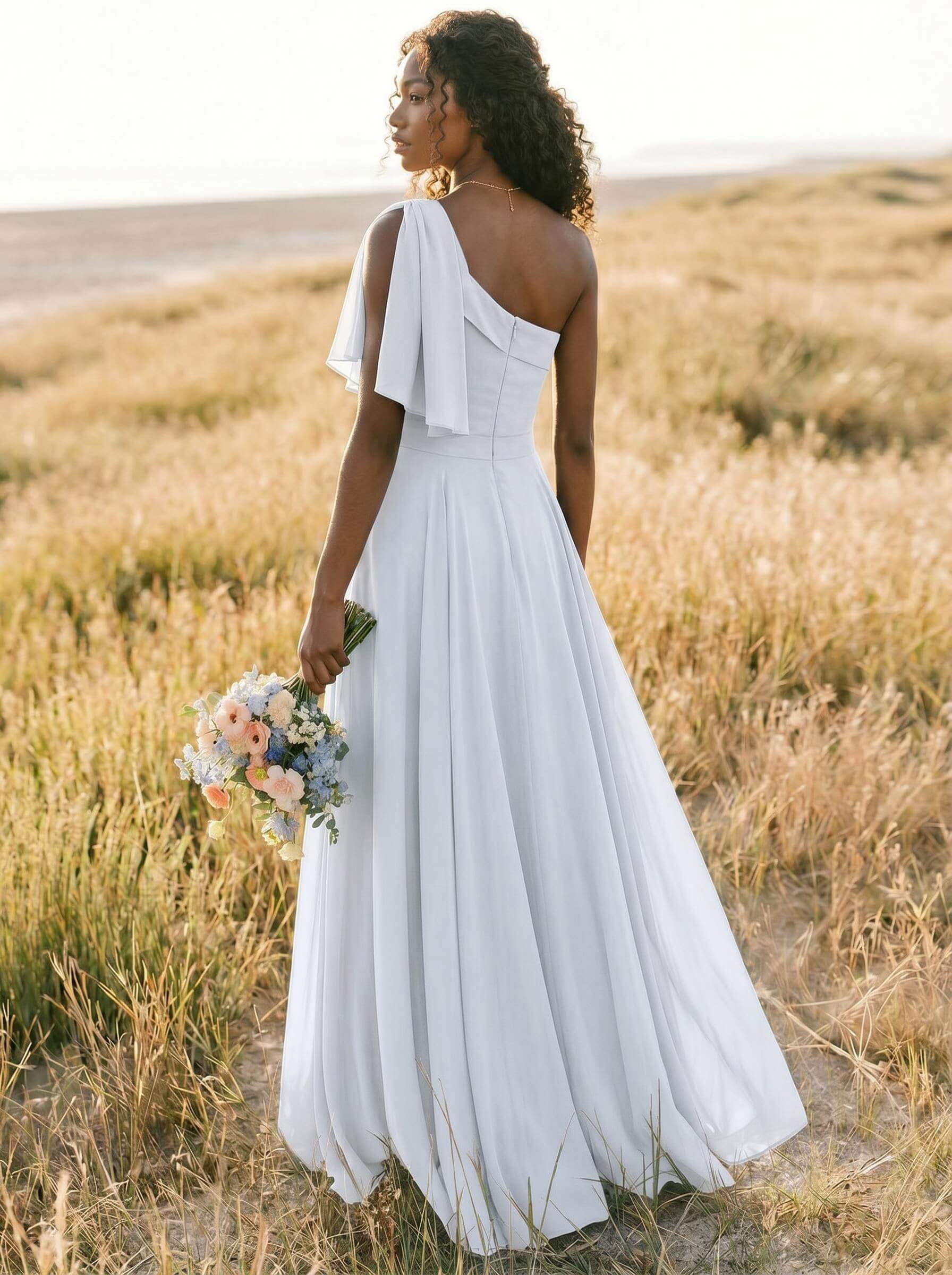A-Line One-Shoulder Sleeveless Floor-Length Chiffon Bridesmaid Dresses With Bow(s)/Pockets, product image 251