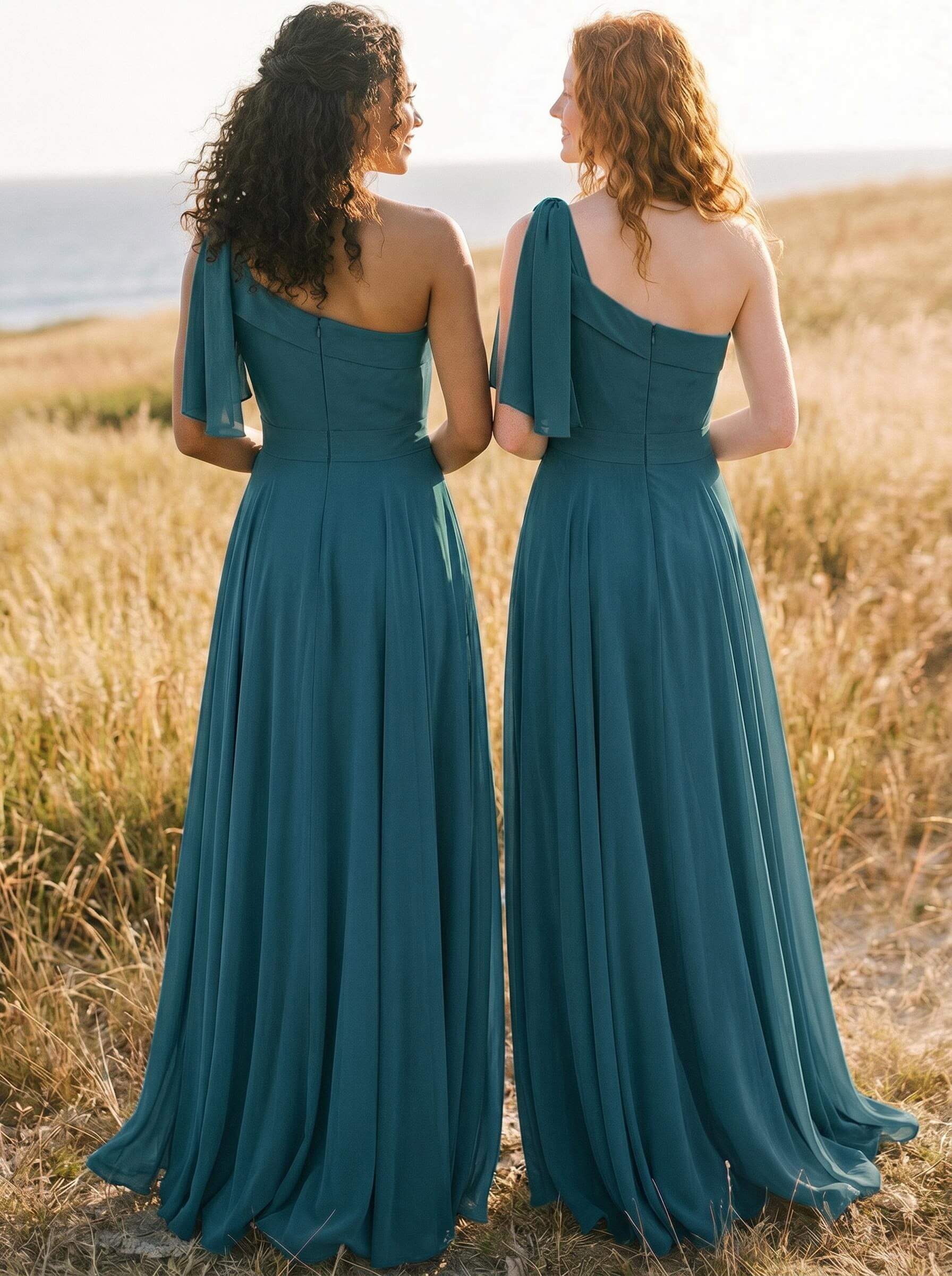 A-Line One-Shoulder Sleeveless Floor-Length Chiffon Bridesmaid Dresses With Bow(s)/Pockets, product image 15