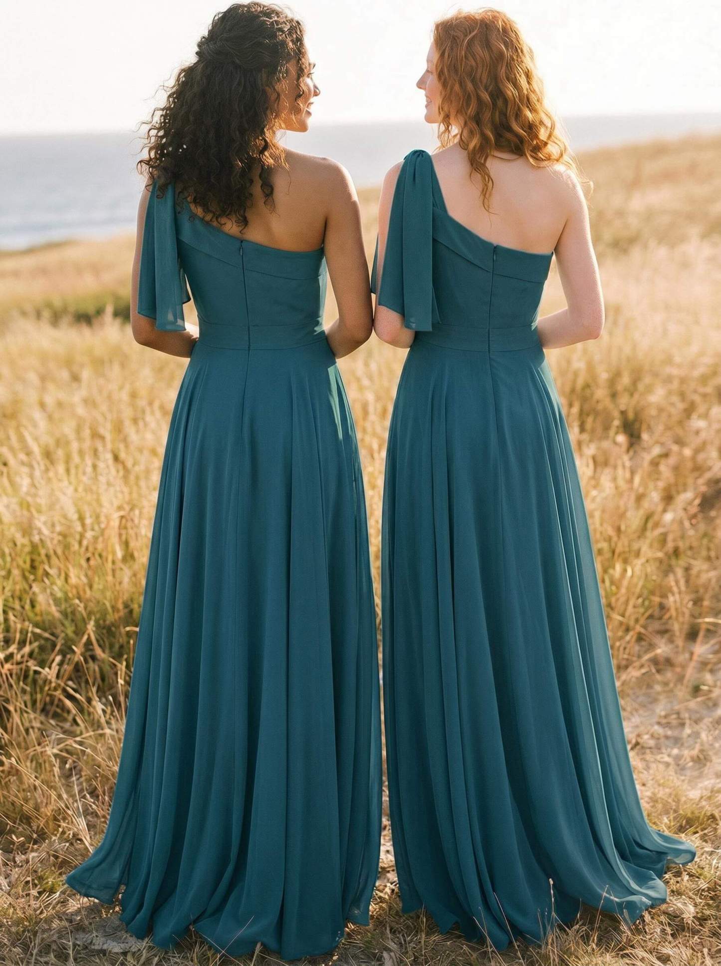 A-Line One-Shoulder Sleeveless Floor-Length Chiffon Bridesmaid Dresses With Bow(s)/Pockets, product image 15