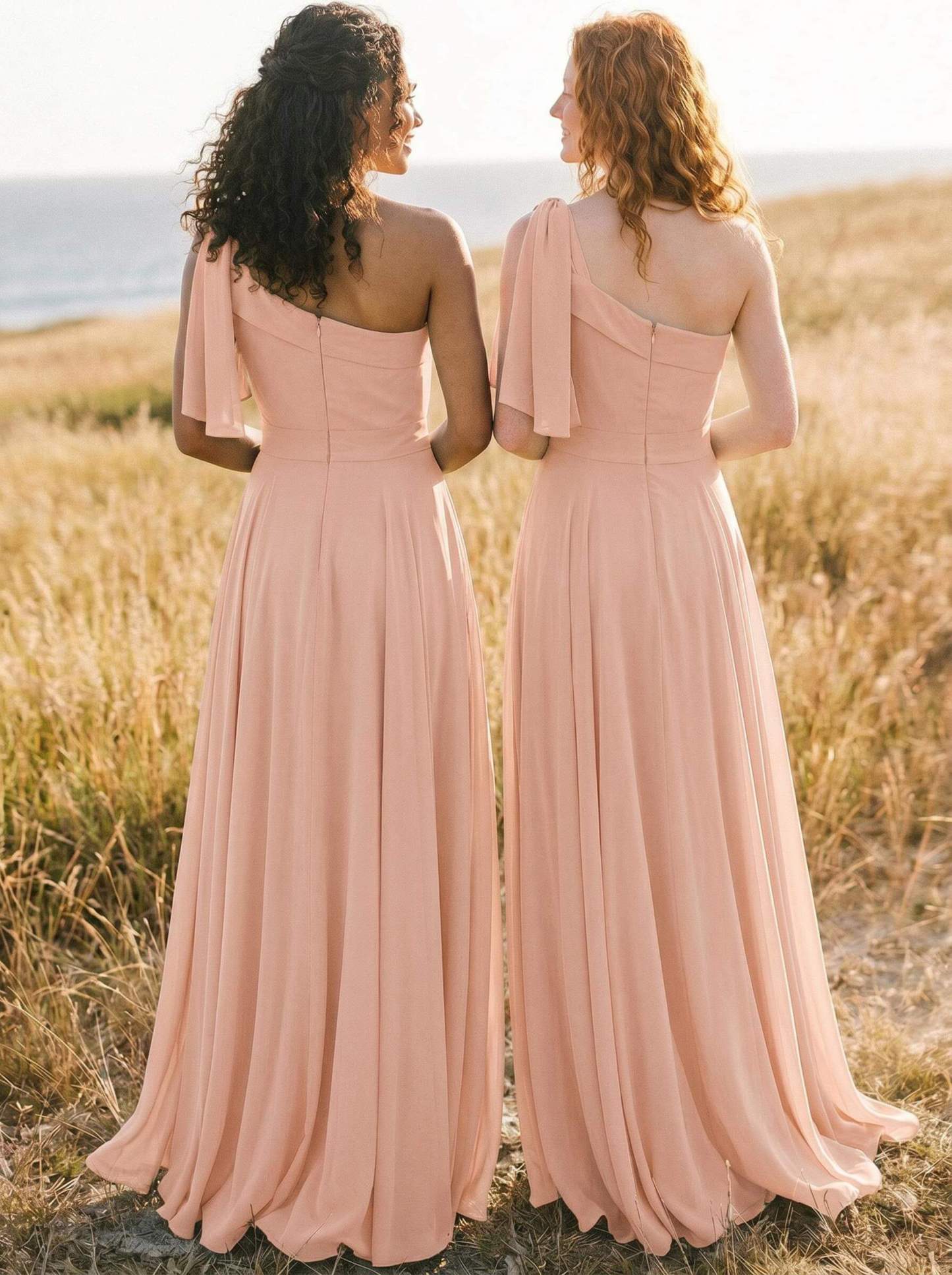 A-Line One-Shoulder Sleeveless Floor-Length Chiffon Bridesmaid Dresses With Bow(s)/Pockets, product image 129