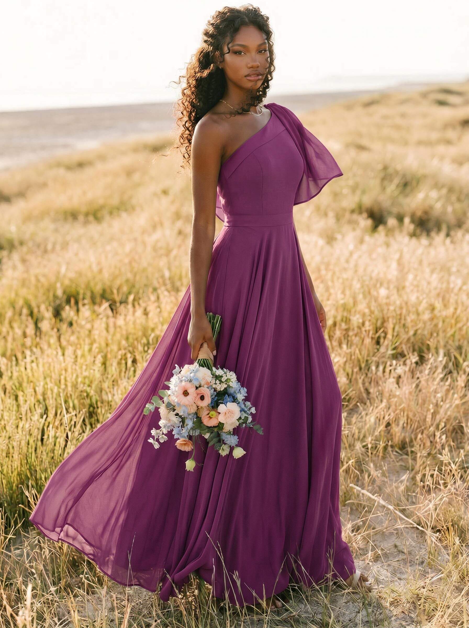 A-Line One-Shoulder Sleeveless Floor-Length Chiffon Bridesmaid Dresses With Bow(s)/Pockets, product image 210