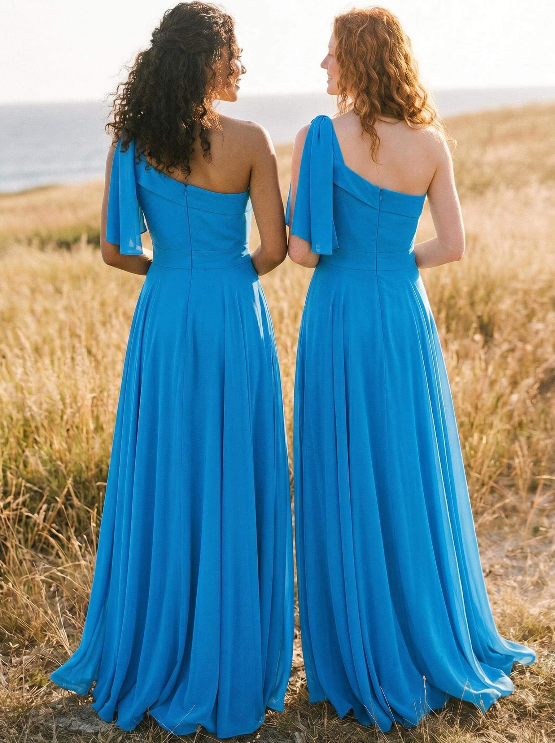 A-Line One-Shoulder Sleeveless Floor-Length Chiffon Bridesmaid Dresses With Bow(s)/Pockets, product image 19