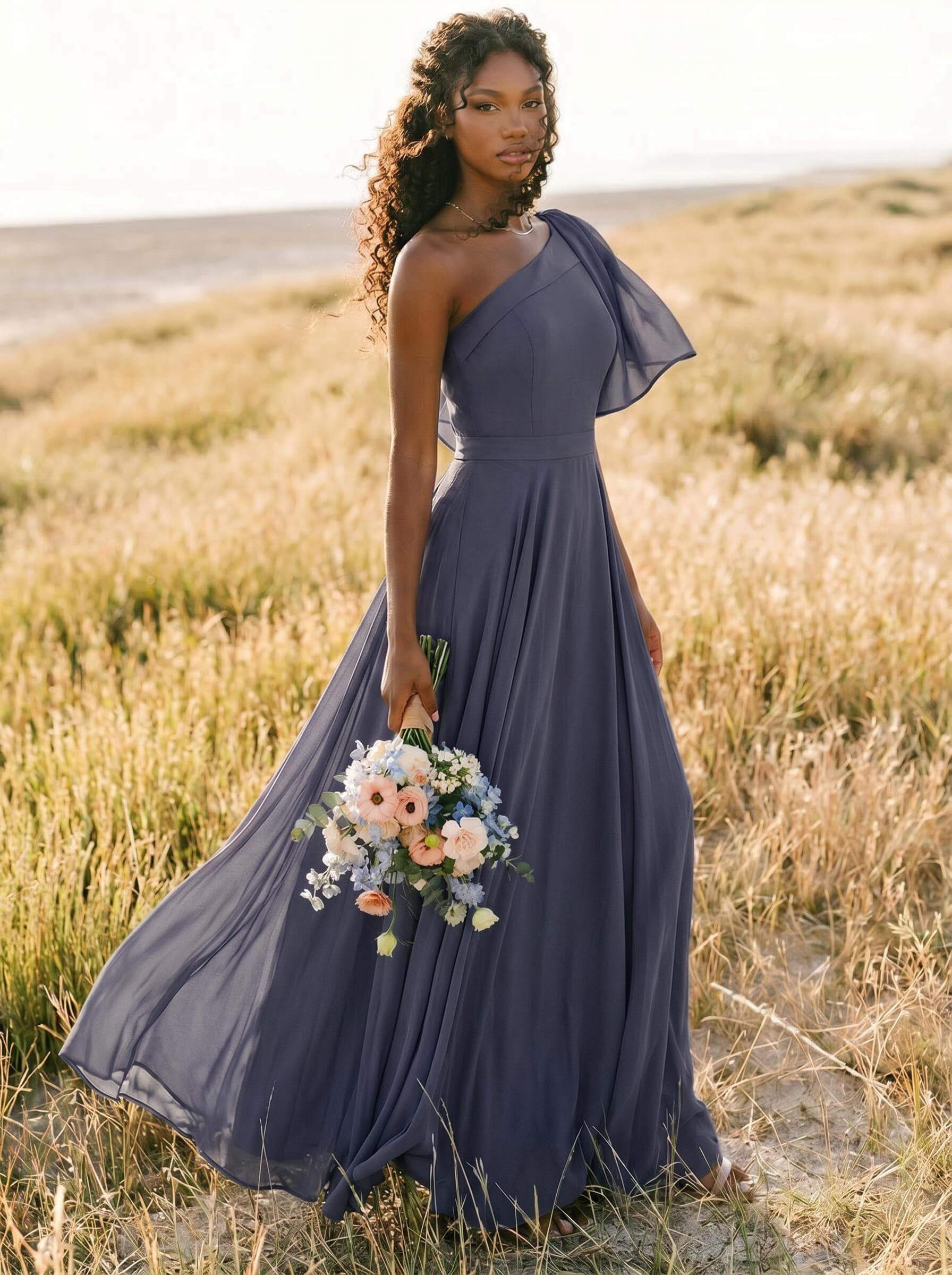 A-Line One-Shoulder Sleeveless Floor-Length Chiffon Bridesmaid Dresses With Bow(s)/Pockets, product image 148