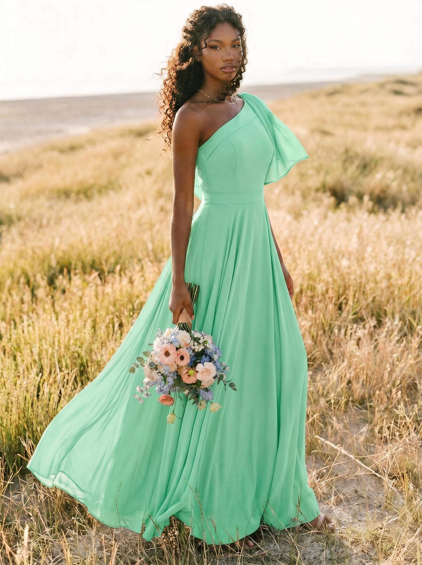 A-Line One-Shoulder Sleeveless Floor-Length Chiffon Bridesmaid Dresses With Bow(s)/Pockets, product image 230