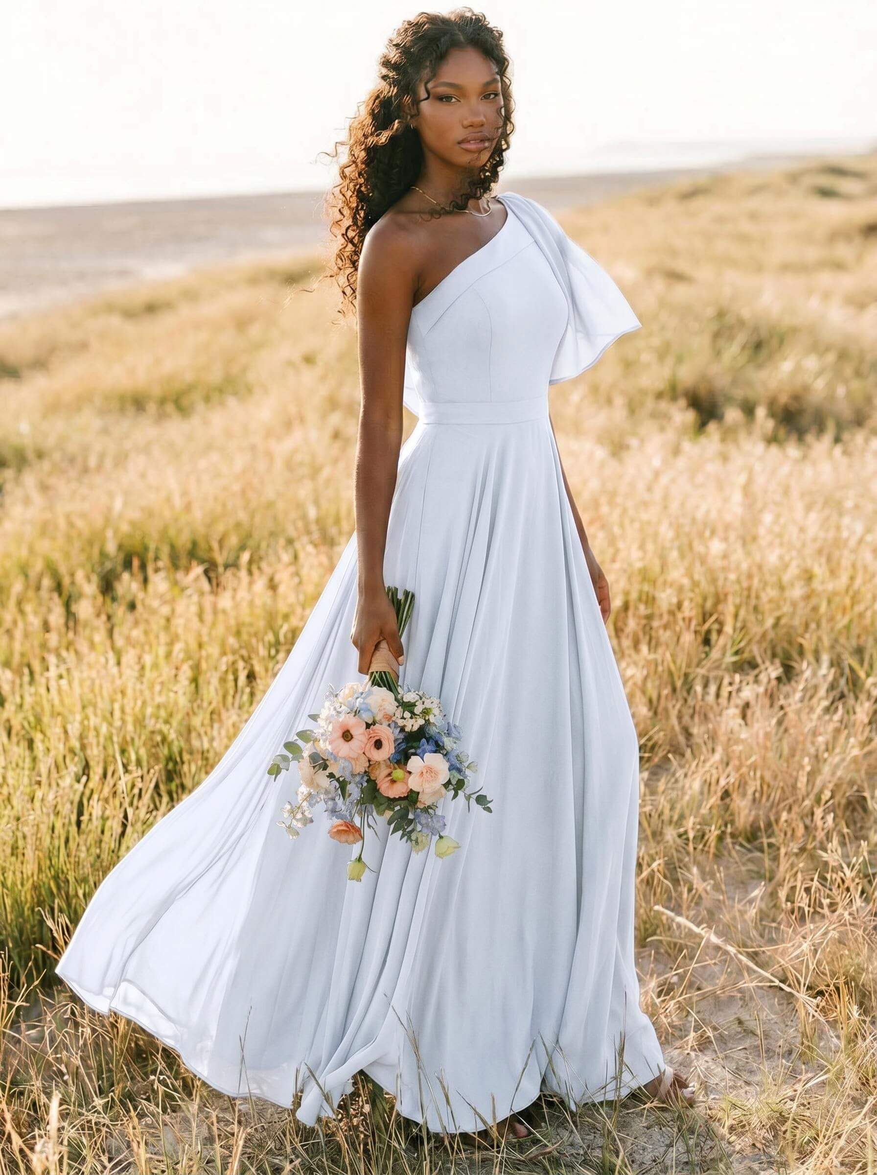 A-Line One-Shoulder Sleeveless Floor-Length Chiffon Bridesmaid Dresses With Bow(s)/Pockets, product image 250