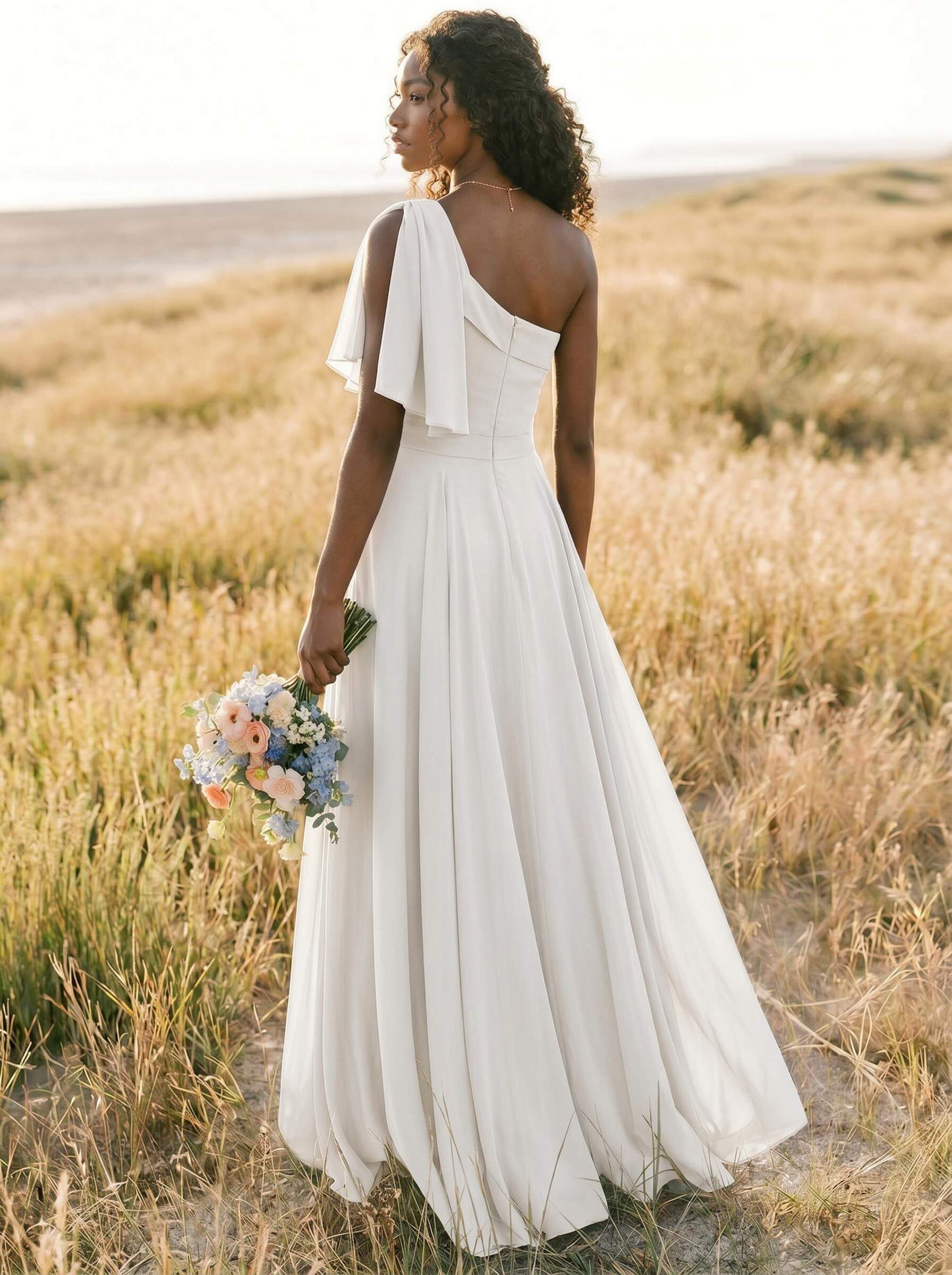 A-Line One-Shoulder Sleeveless Floor-Length Chiffon Bridesmaid Dresses With Bow(s)/Pockets, product image 249