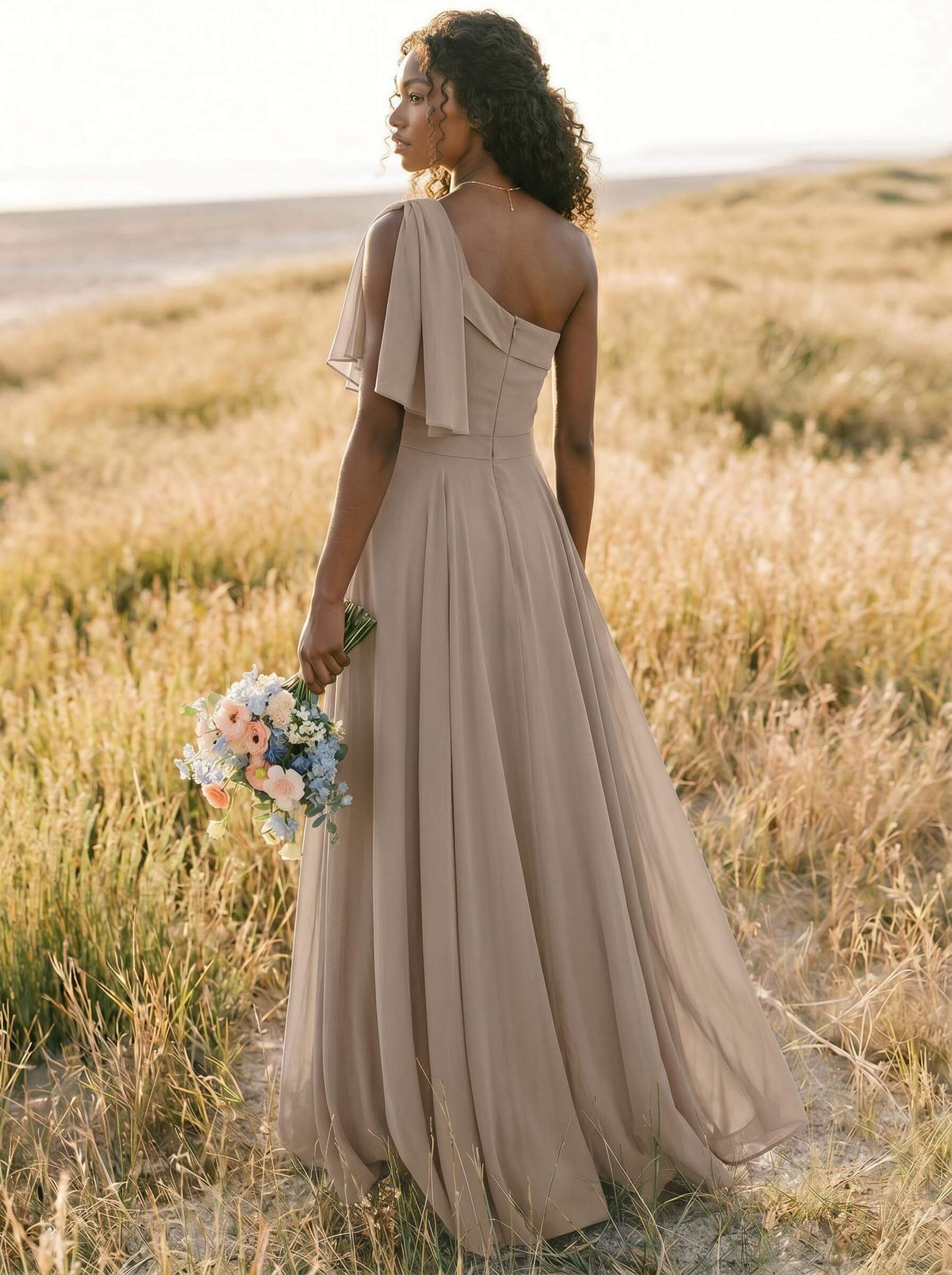 A-Line One-Shoulder Sleeveless Floor-Length Chiffon Bridesmaid Dresses With Bow(s)/Pockets, product image 237