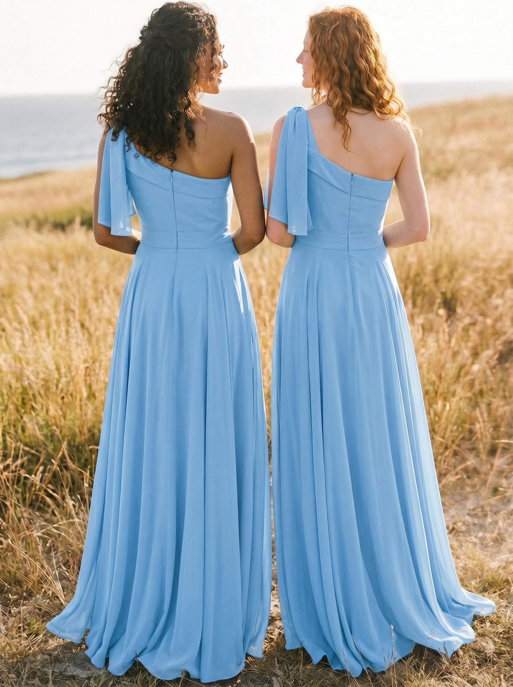 A-Line One-Shoulder Sleeveless Floor-Length Chiffon Bridesmaid Dresses With Bow(s)/Pockets, product image 23