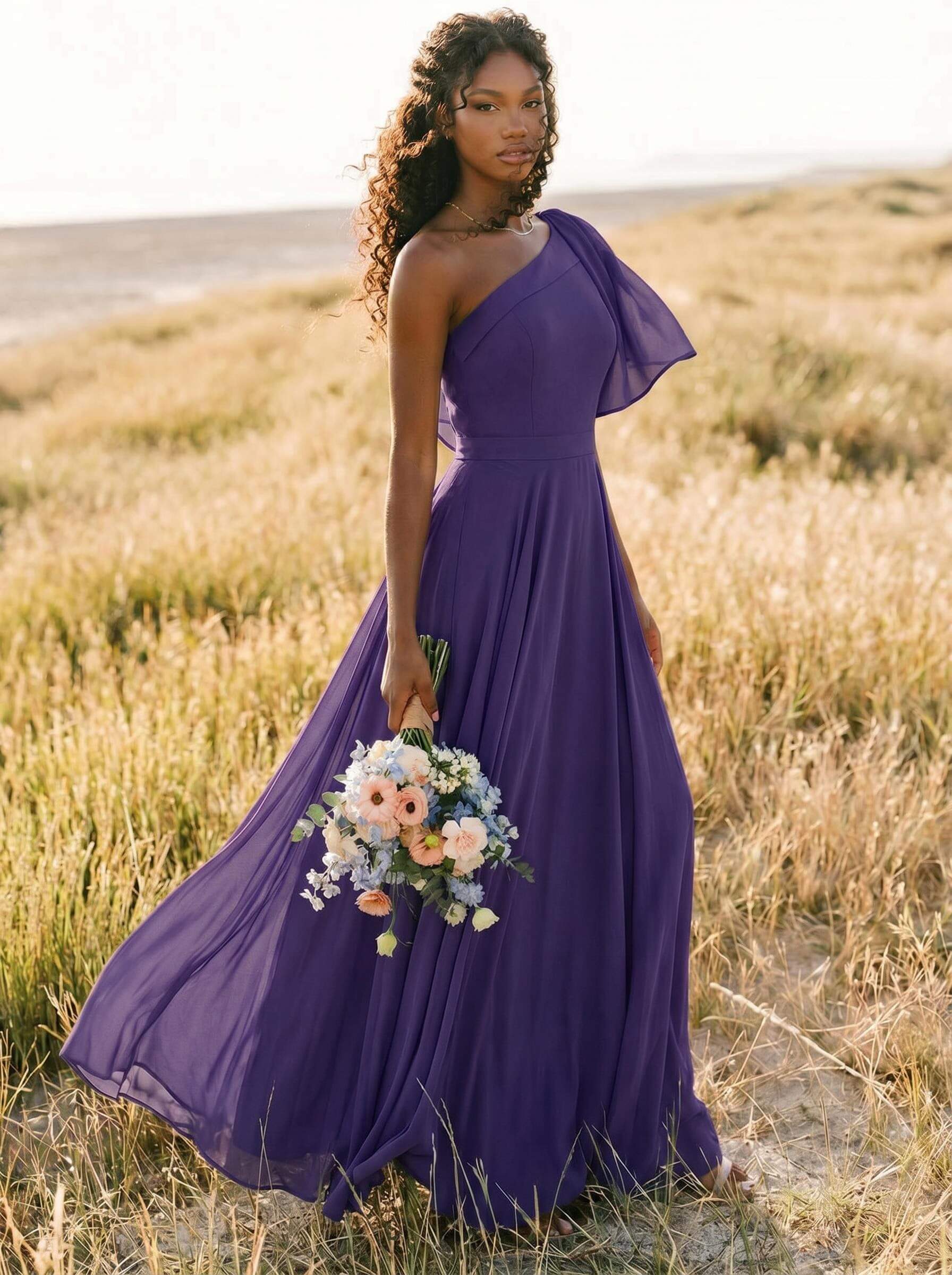 A-Line One-Shoulder Sleeveless Floor-Length Chiffon Bridesmaid Dresses With Bow(s)/Pockets, product image 216