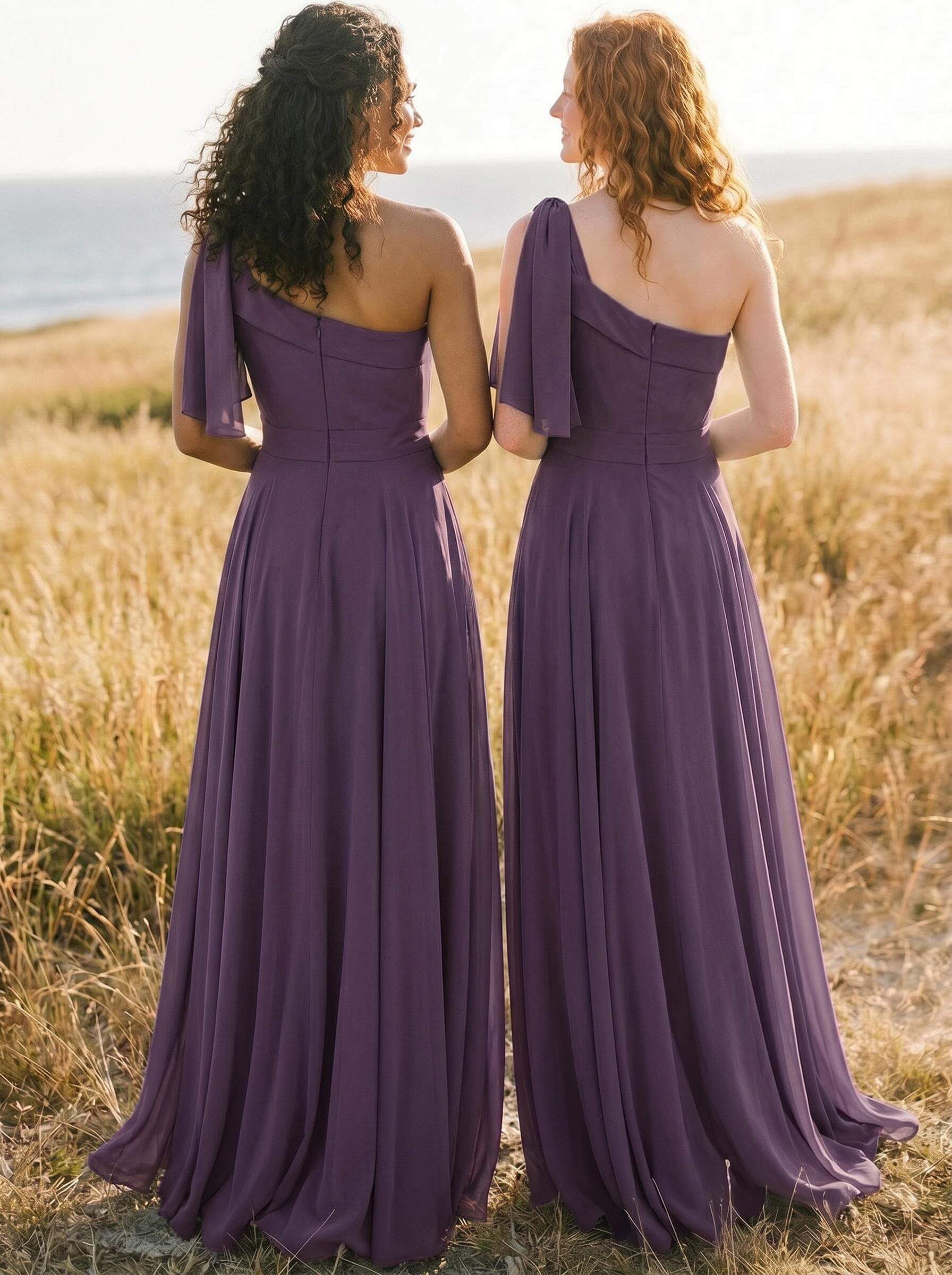 A-Line One-Shoulder Sleeveless Floor-Length Chiffon Bridesmaid Dresses With Bow(s)/Pockets, product image 71