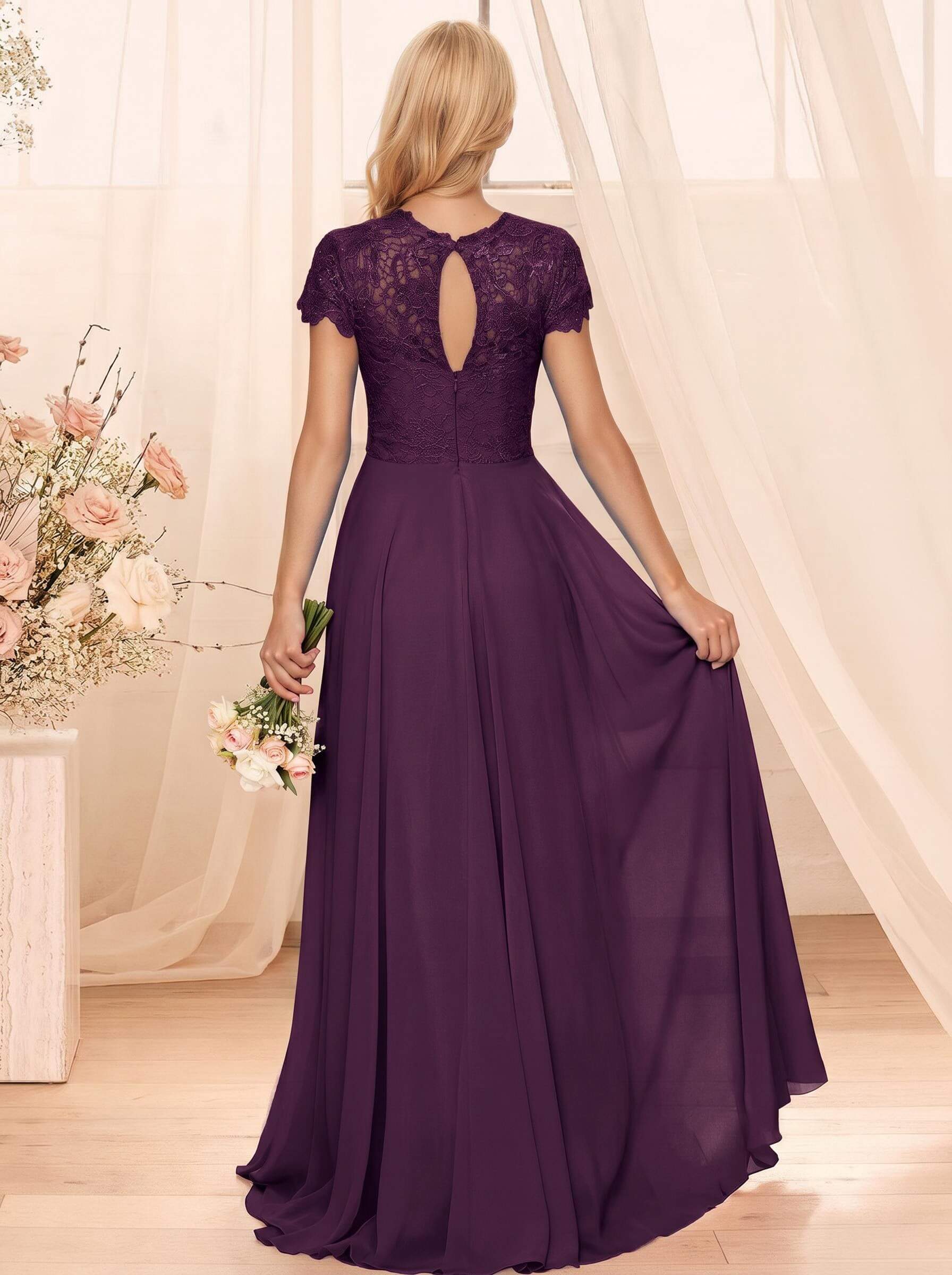 A-Line Scoop Neck Sleeveless Cap Straps Chiffon Floor-Length Bridesmaid Dresses With Lace, product image 70